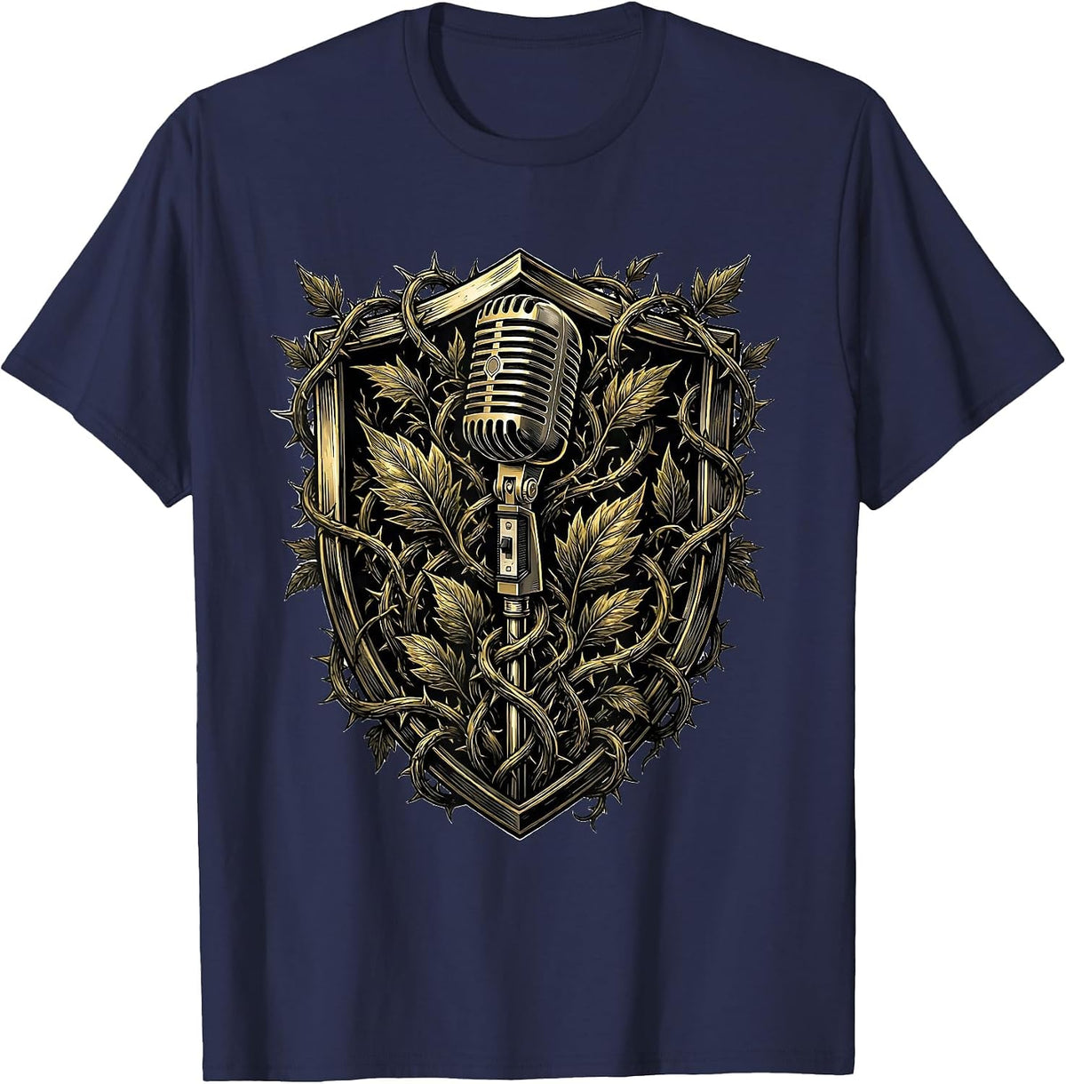 90s Rock Microphone Vines Dark Botanical Design T-Shirt - Navy Blue