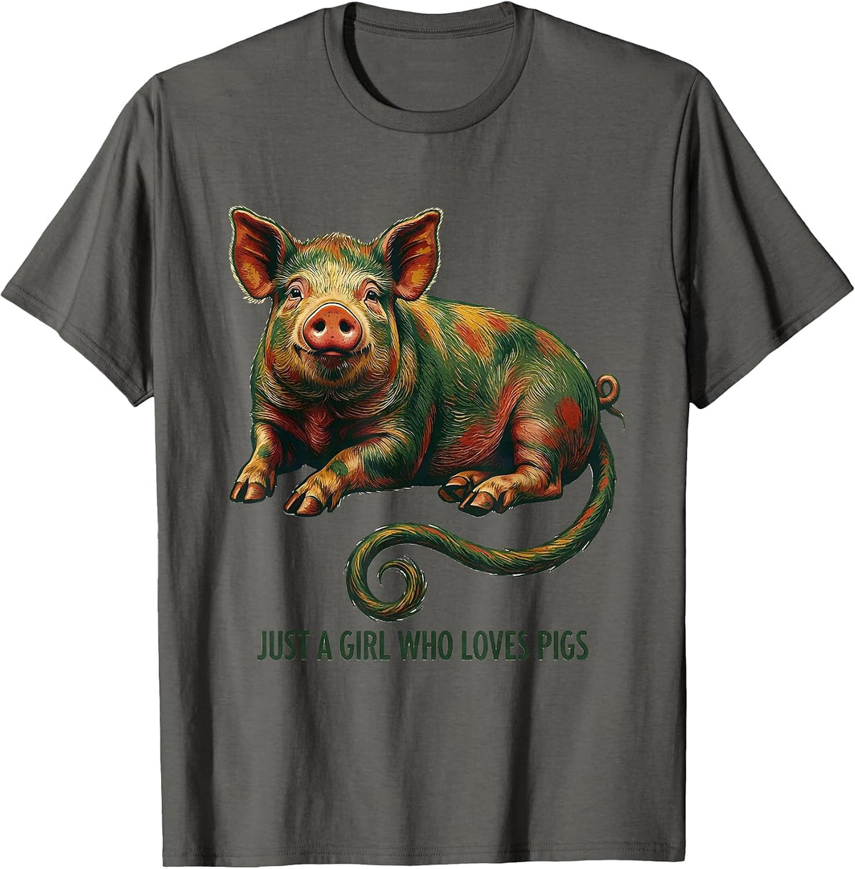 Just A Girl Who Loves Pigs Folk Art Pig Lover Gift T-Shirt - Asphalt Grey