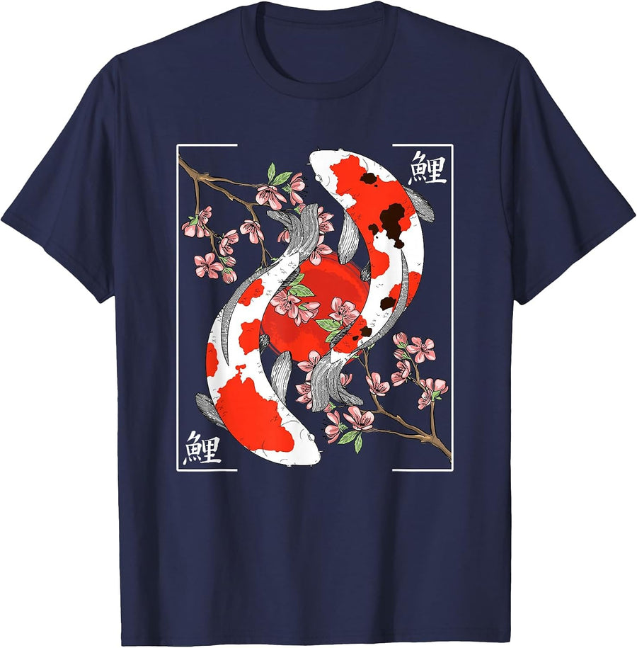 Japanese Koi Carp Fish Nishikigoi Cherry Blossom Men Women T-Shirt - Navy Blue