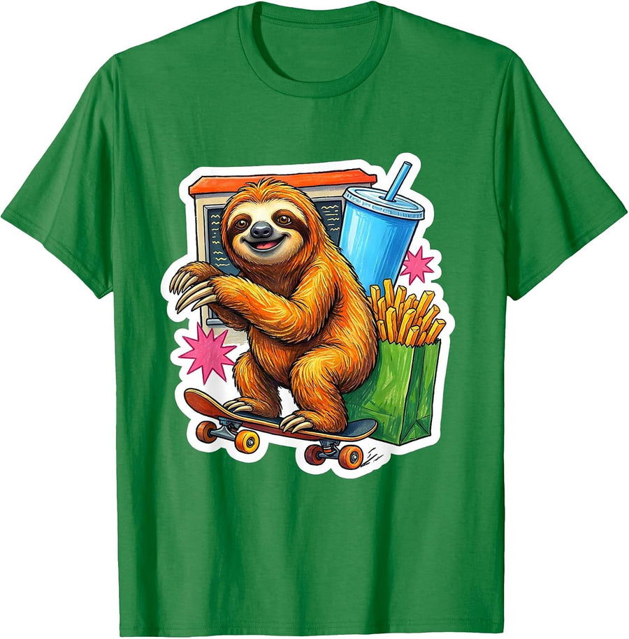 Men's Lazy Sloth Fast Food Drive-Through Skateboard T-Shirt - Kelly Green