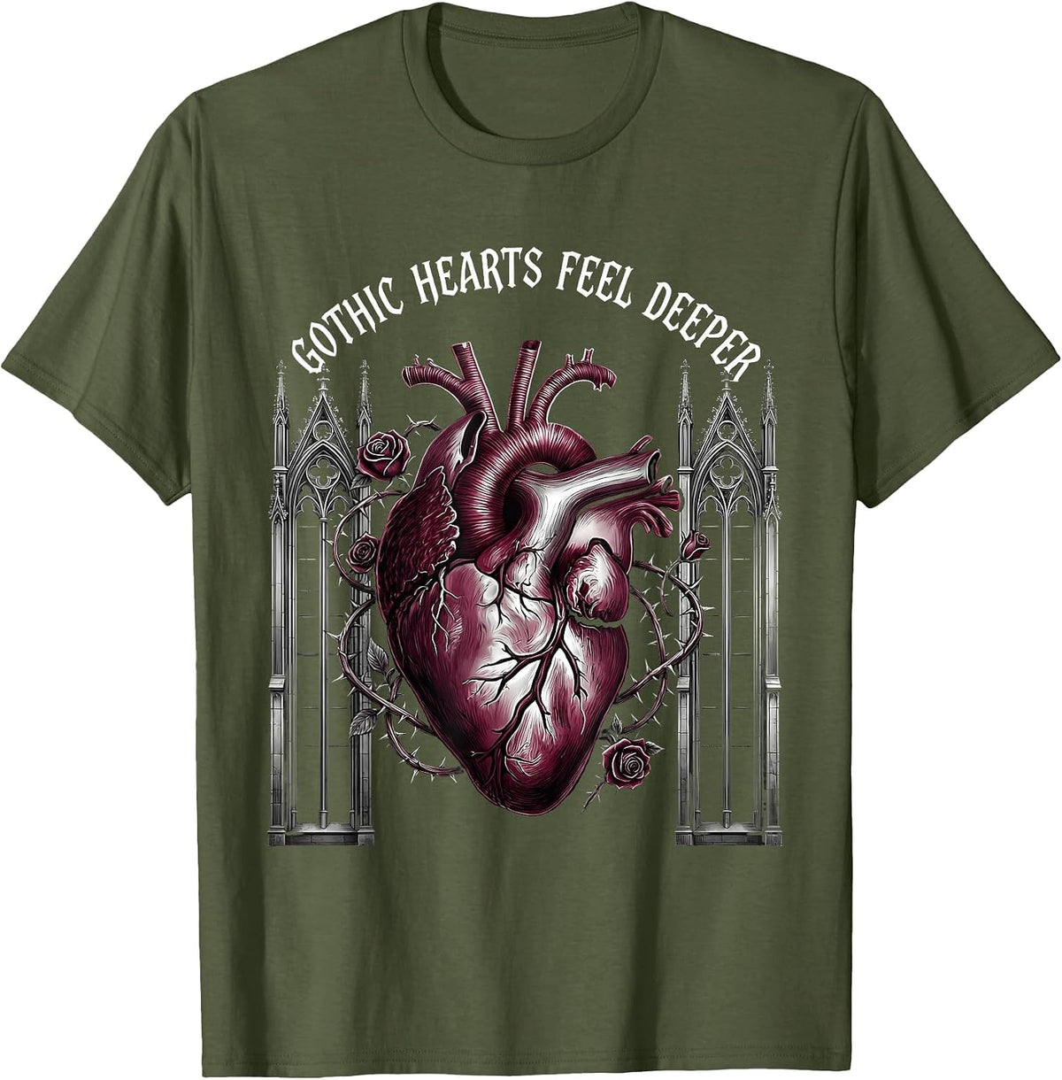 Gothic Hearts Feel Deeper Dark Romance Design T-Shirt - Olive Green