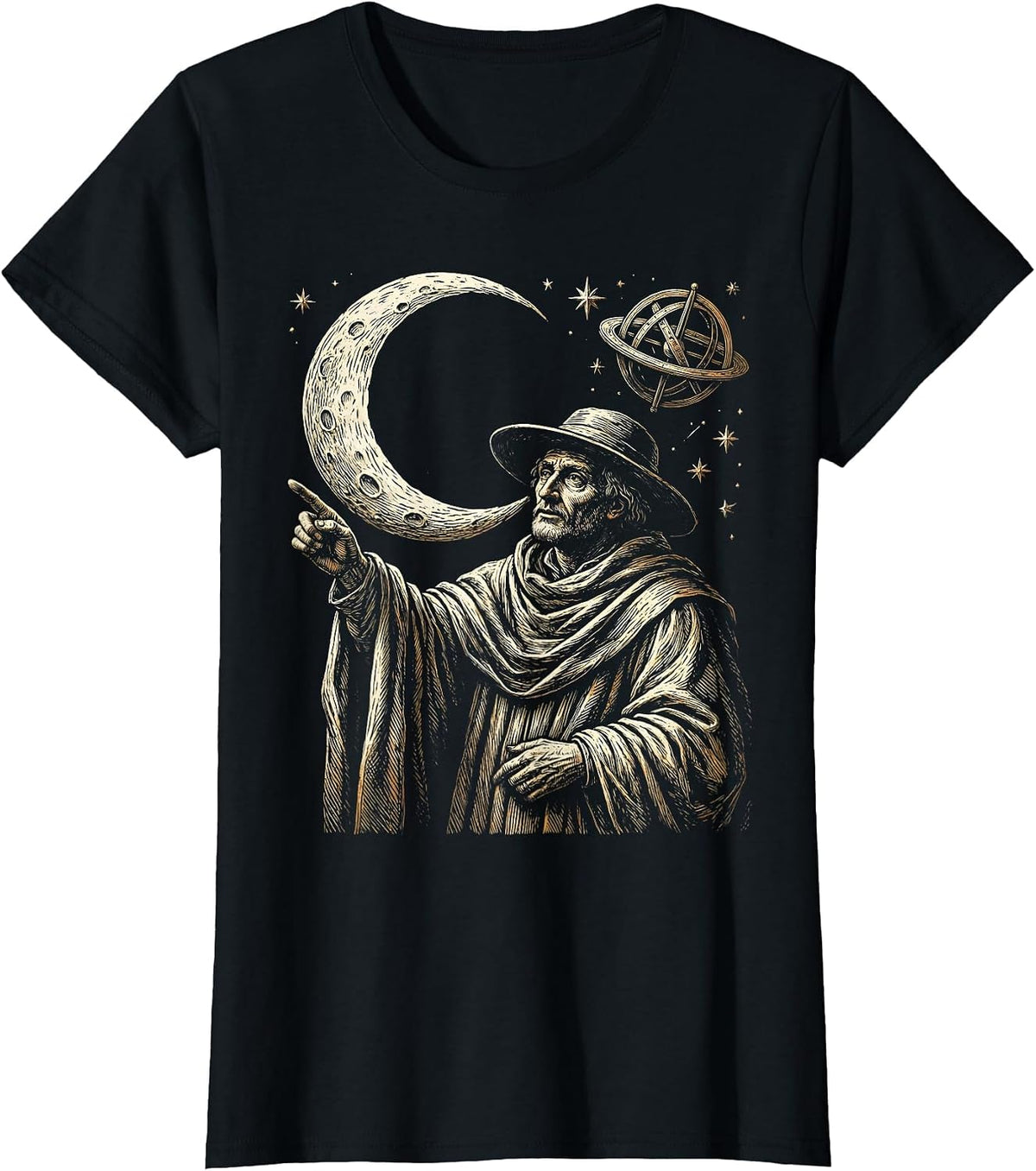 Renaissance Astronomer Crescent Moon Illustration T-Shirt - Black