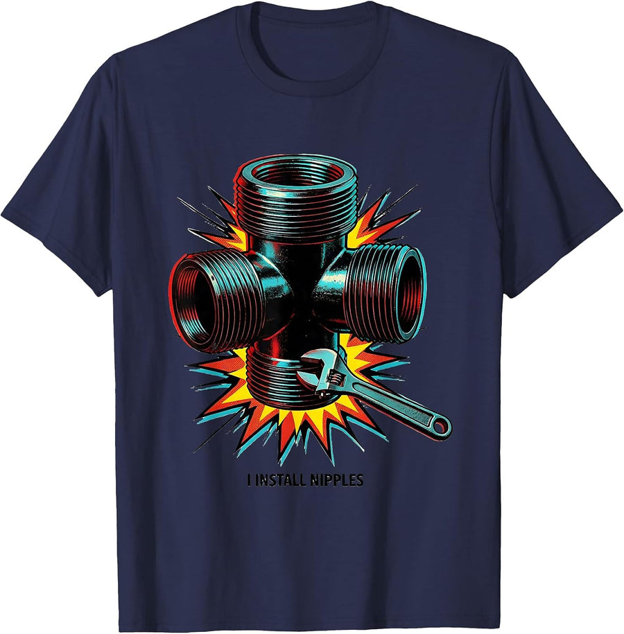 I Install Nipples Funny Plumber Pipefitter Occupational T-Shirt - Navy Blue