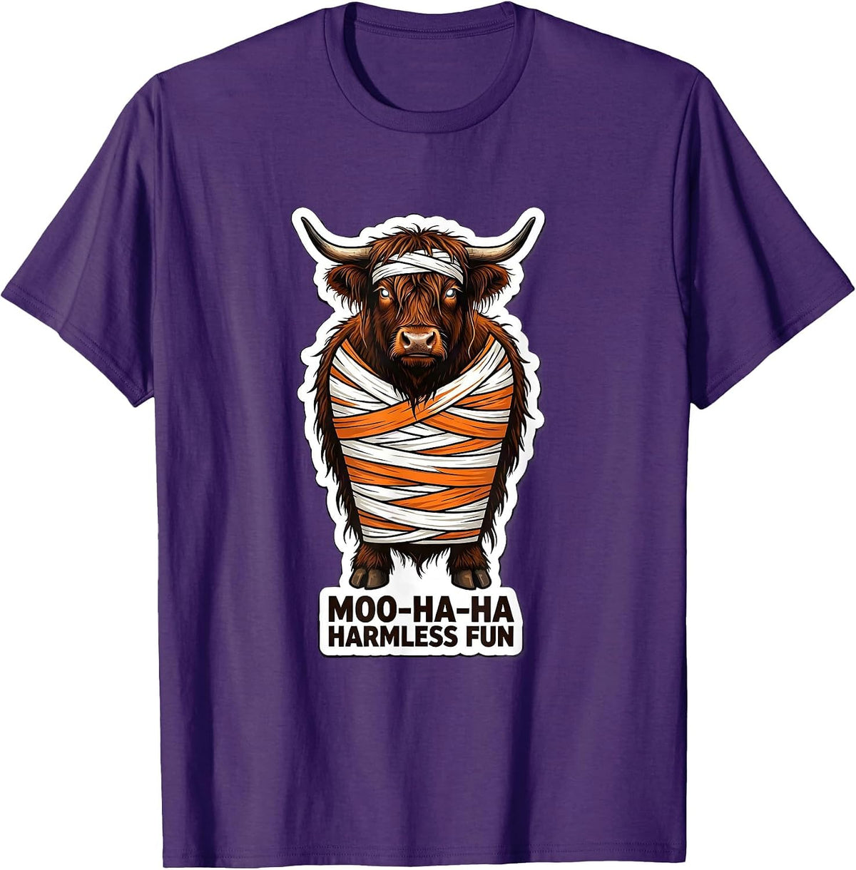 Moo-Ha-Ha, Harmless Fun Whimsical Highland Cow Halloween T-Shirt - Purple