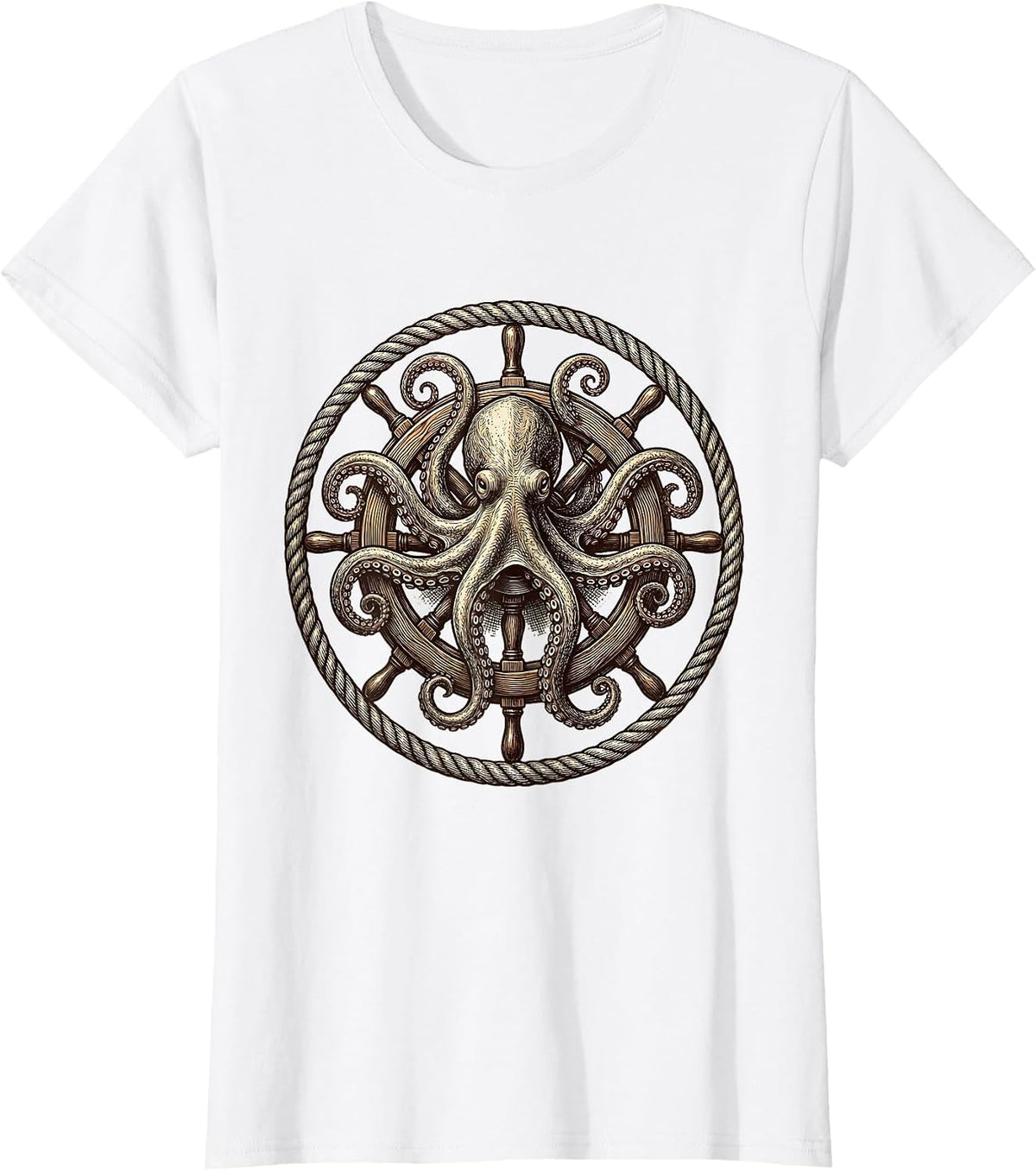 Octopus Steering Wheel Vintage Nautical Graphic T-Shirt - White