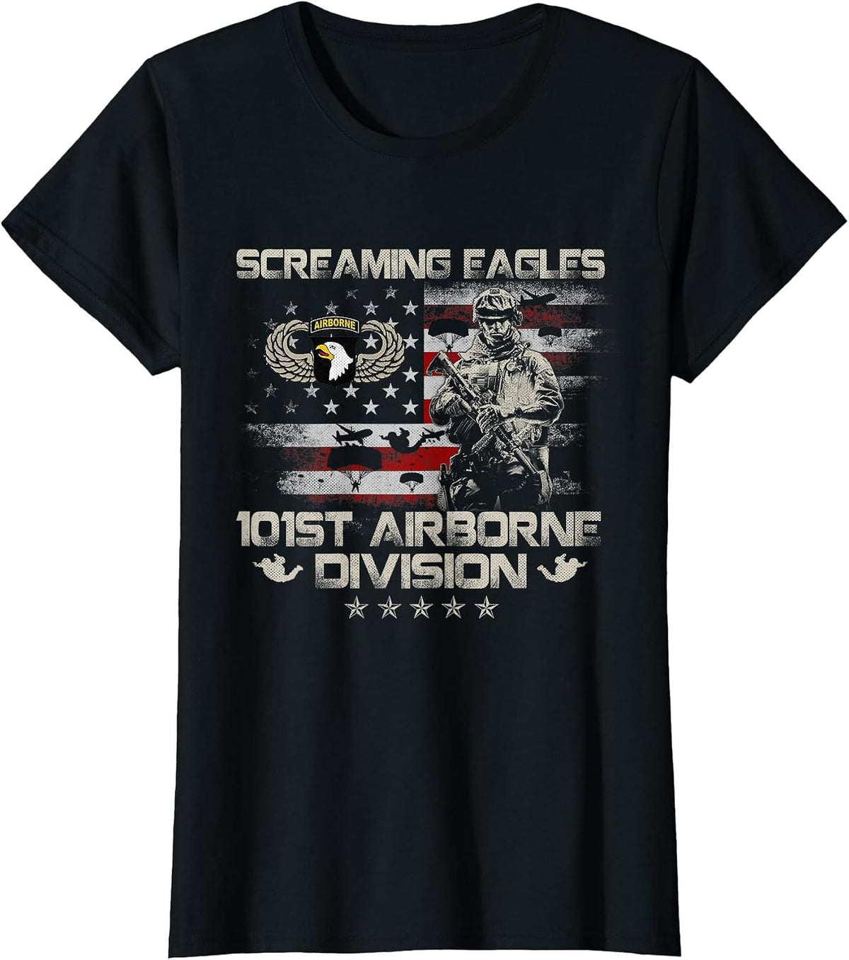 Screaming Eagle 101st Airborne Division Paratrooper Veteran T-Shirt - Black