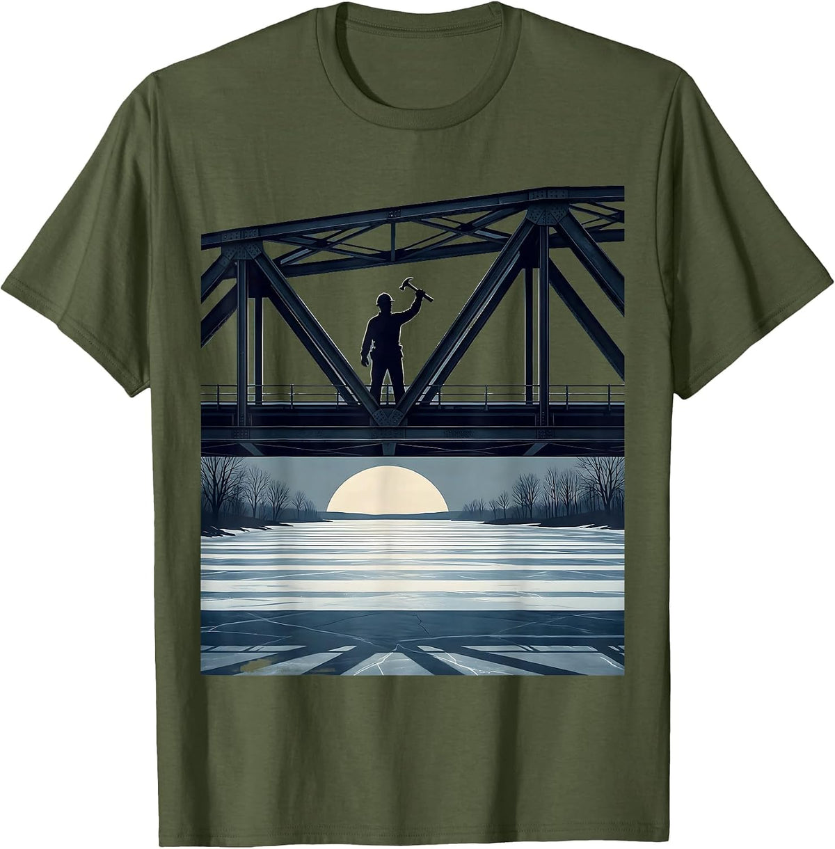 Boston Ironworker Bridge Over Frozen River T-Shirt - Olive Green