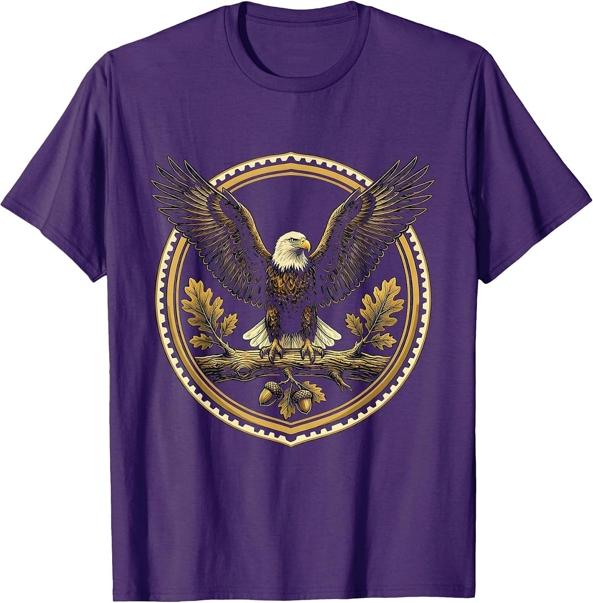 Men's Bald Eagle Perched on Oak Branch Illustration T-Shirt - Purple