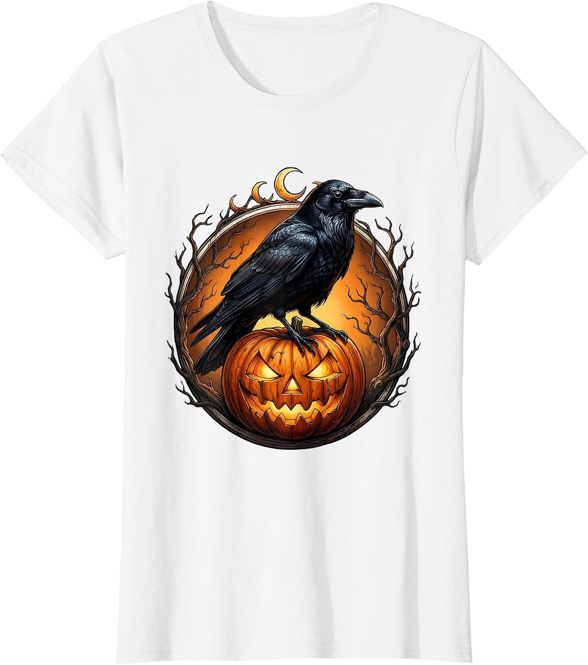 Crow on Jack-O-Lantern Halloween Night Design T-Shirt - White