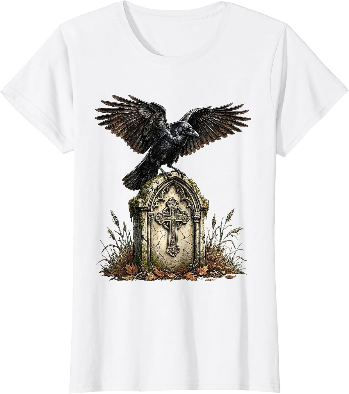 Women's Gothic Crow on Gravestone Halloween Design T-Shirt - White