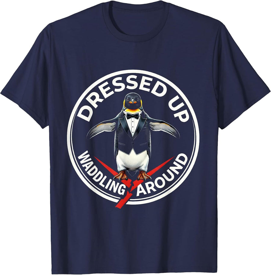 Dressed Up Waddling Around Penguin Design T-Shirt - Navy Blue