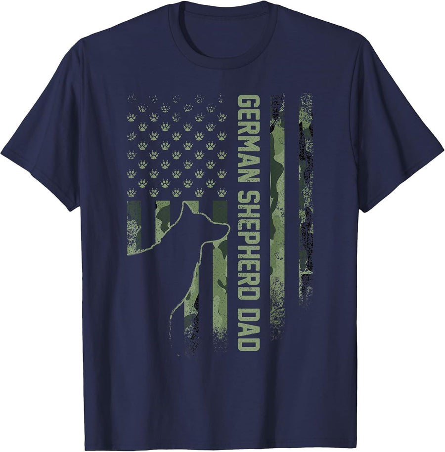 Vintage USA Camo Flag Proud German Shepherd Dad Silhouette T-Shirt - Navy Blue
