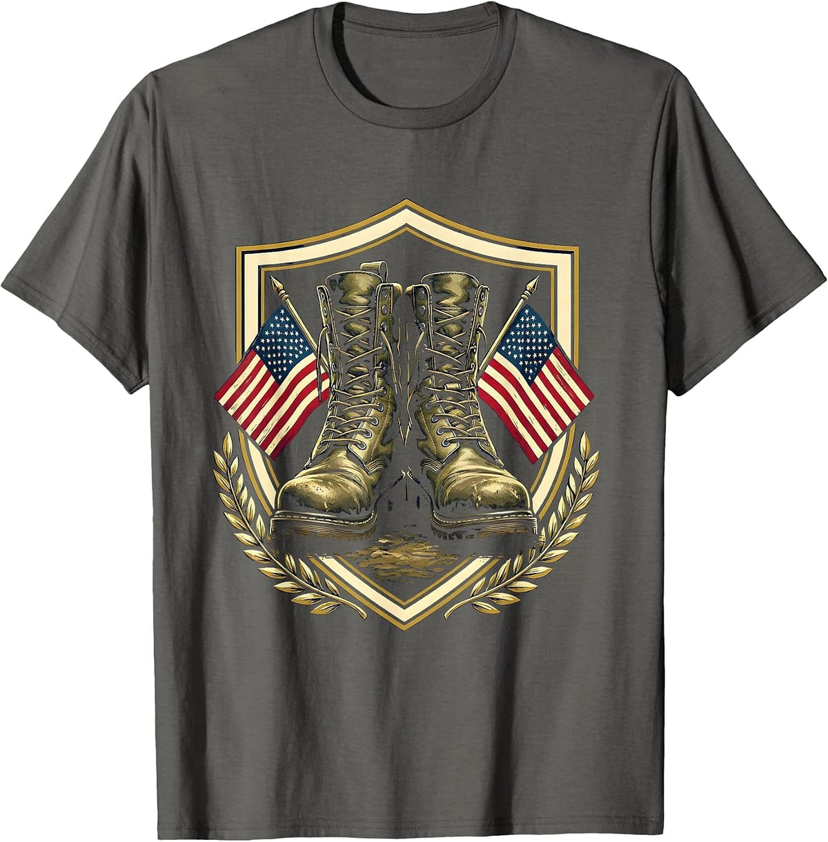 Veteran Weathered Combat Boots Patriotic Graphic T-Shirt - Asphalt Grey