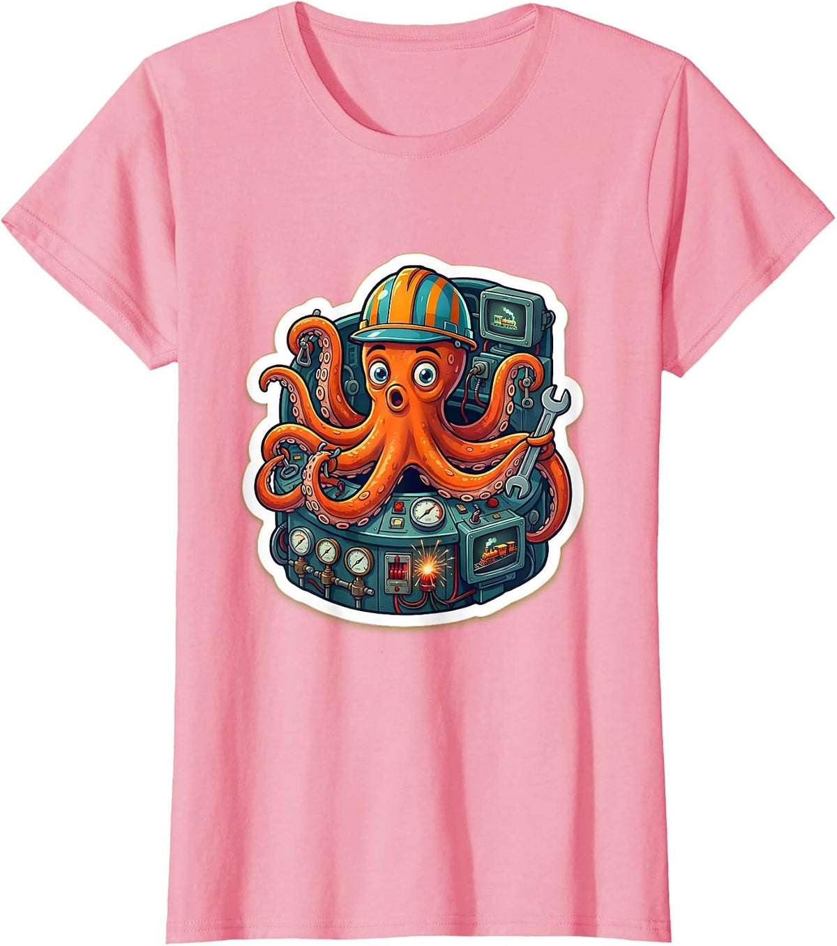 Women's Octopus Engineer Chaos Train Control Room T-Shirt - Pink