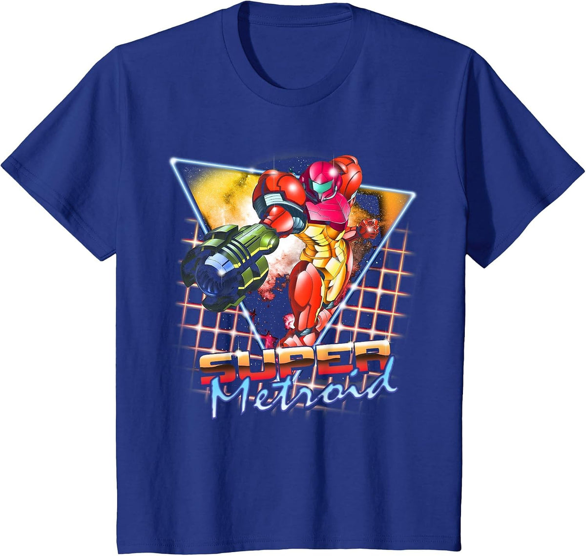 Nintendo Super Metroid Samus Grid Neon Chrome Poster T-Shirt - Royal Blue