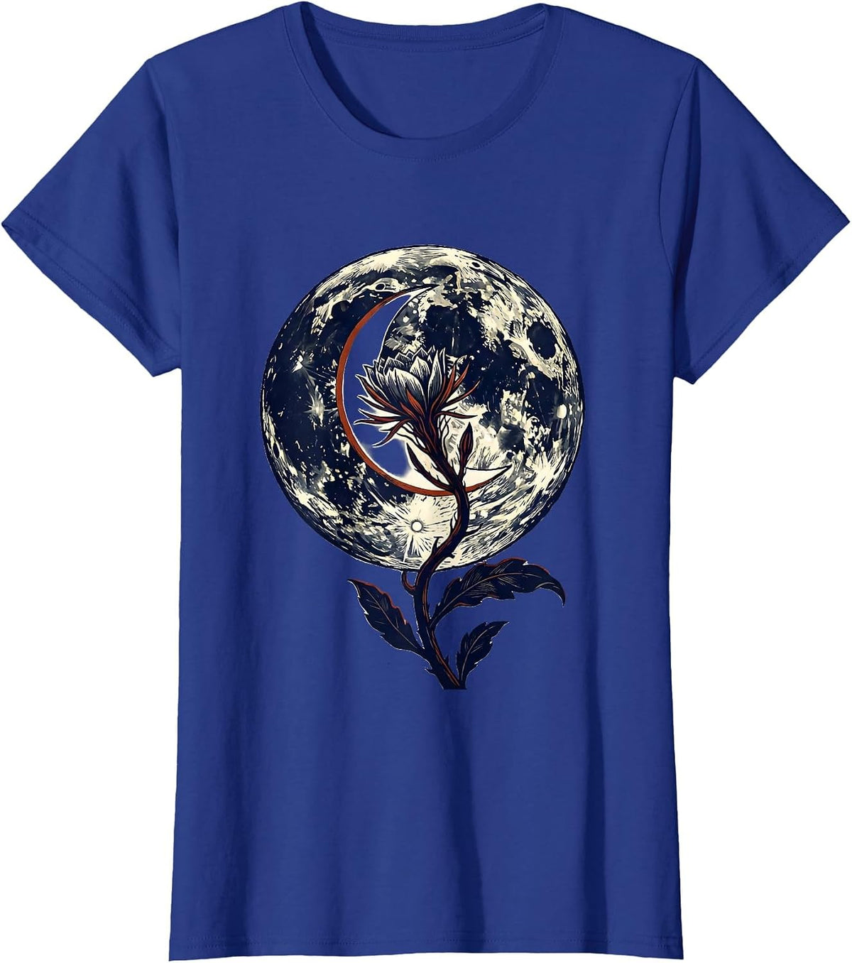 Women's Lunar Crescent Night-Blooming Stem Linocut Boho Celestial T-Shirt - Royal Blue