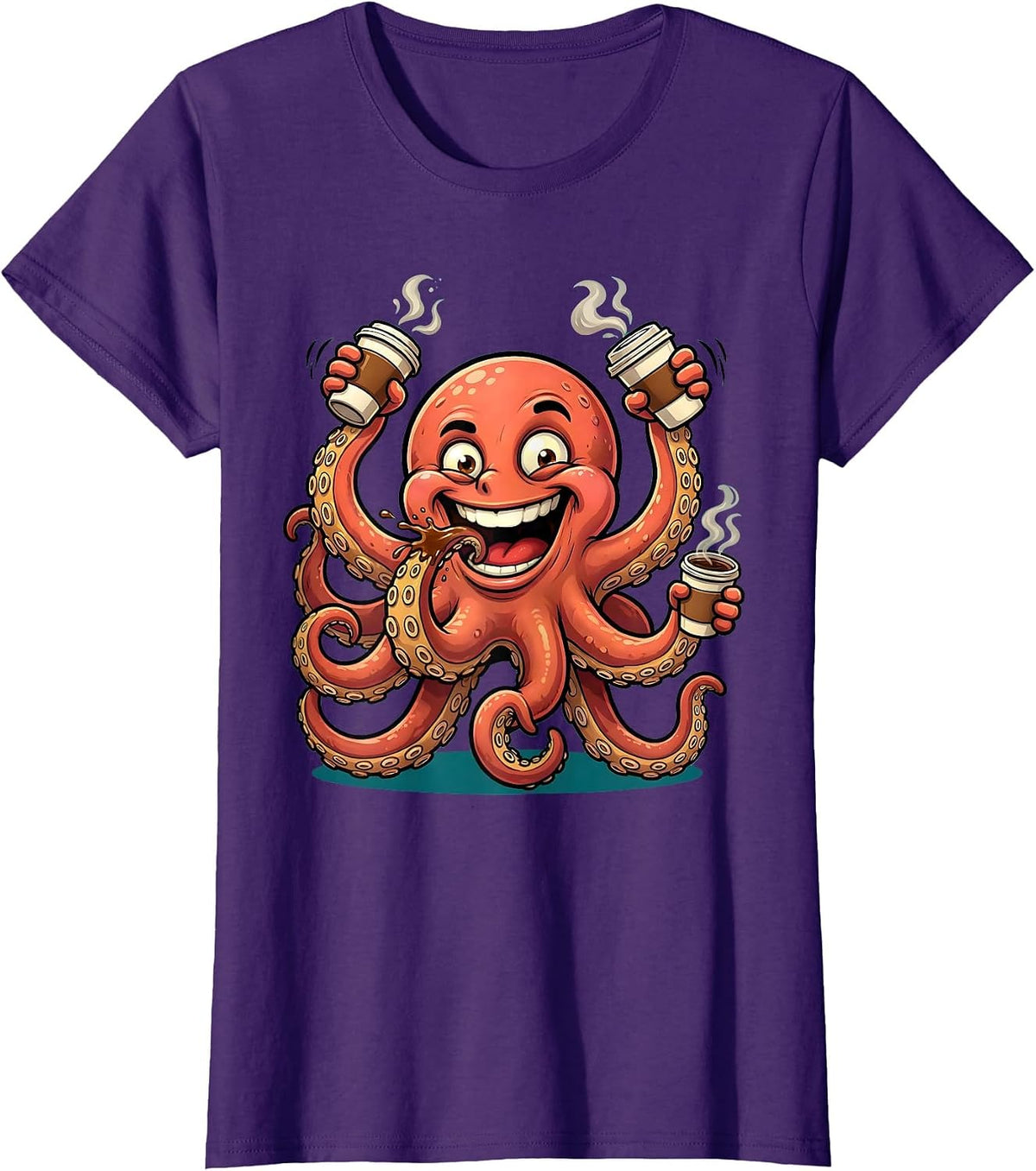 Women's Octopus Multitasking With Eight Coffee Cups T-Shirt - Purple