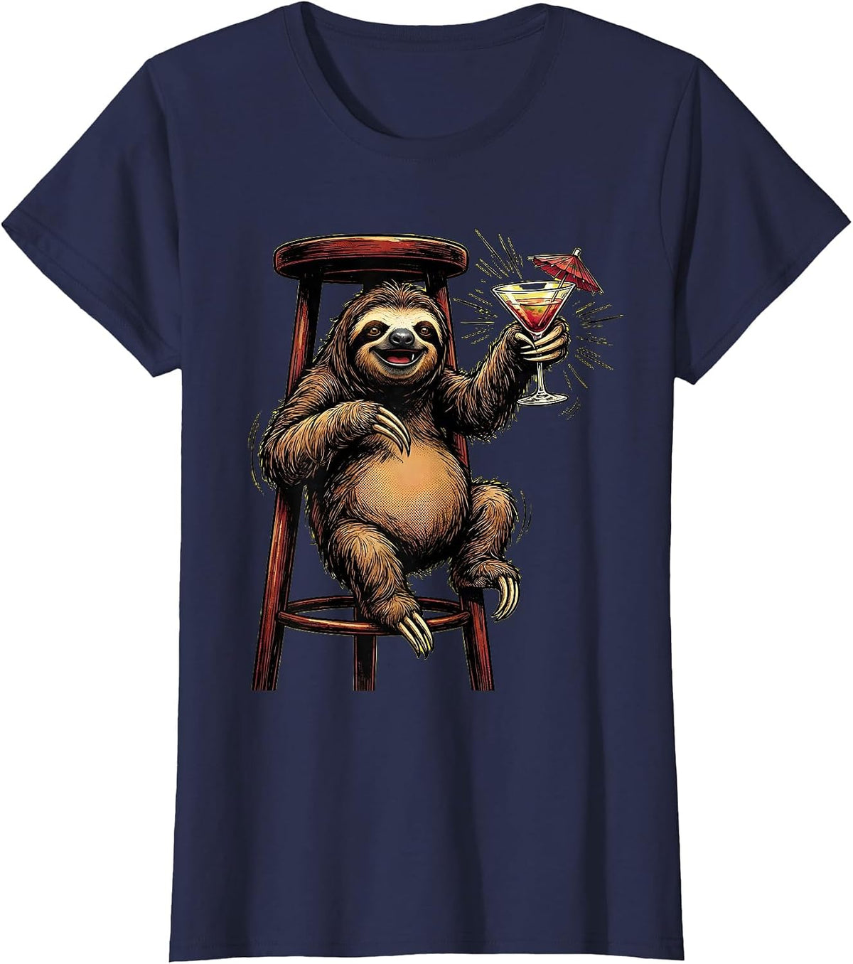 Women's Funny Sloth Hanging at the Bar Cocktail Design T-Shirt - Navy Blue