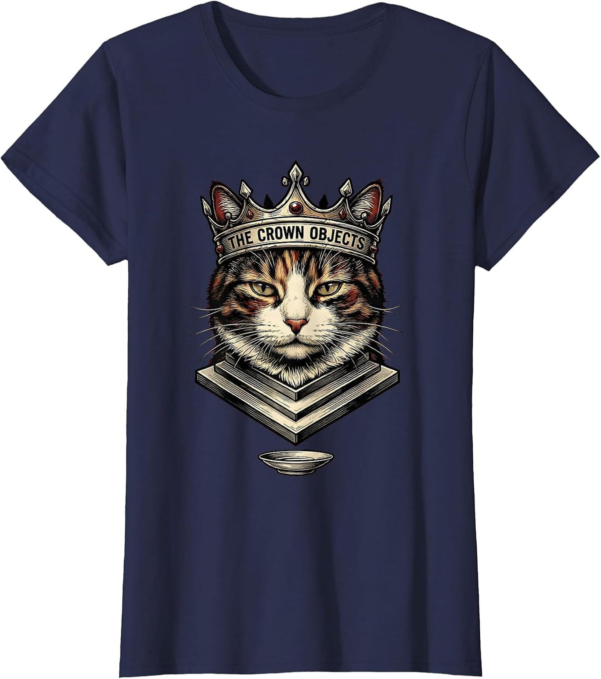 Women's The Crown Objects Tattoo Crowned Cat Meme Humor T-Shirt - Navy Blue