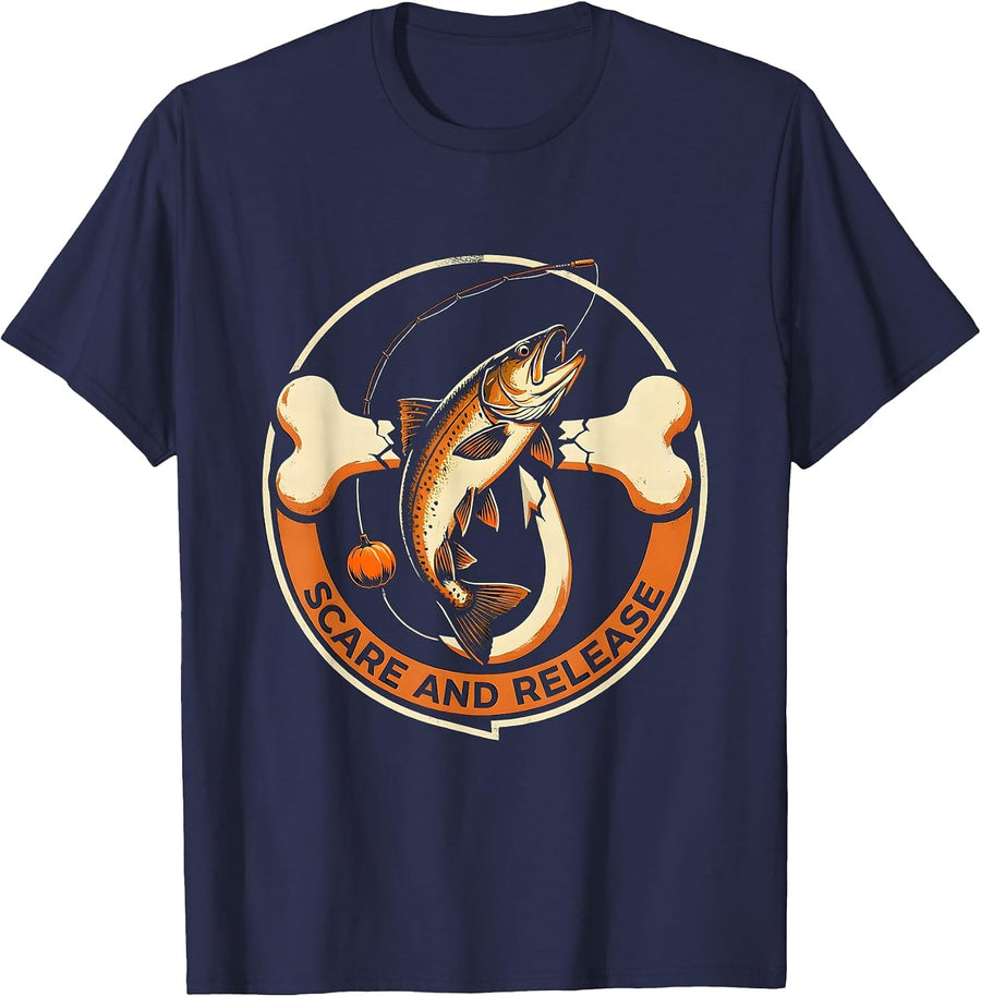 Scare and Release Funny Halloween Skeleton Fishing Trout T-Shirt - Navy Blue