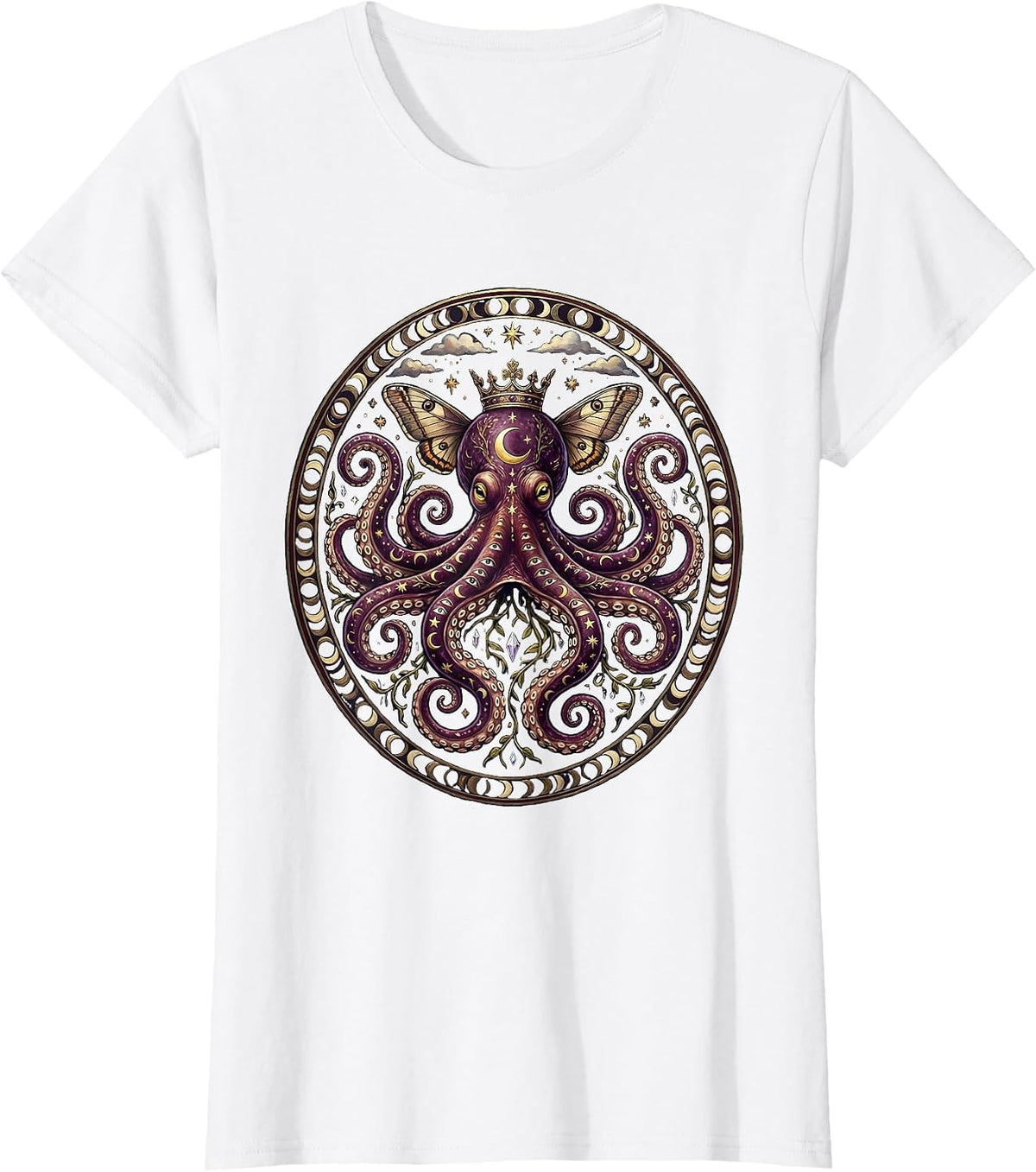 Women's Regal Octopus Wearing a Tiny Golden Crown T-Shirt - White