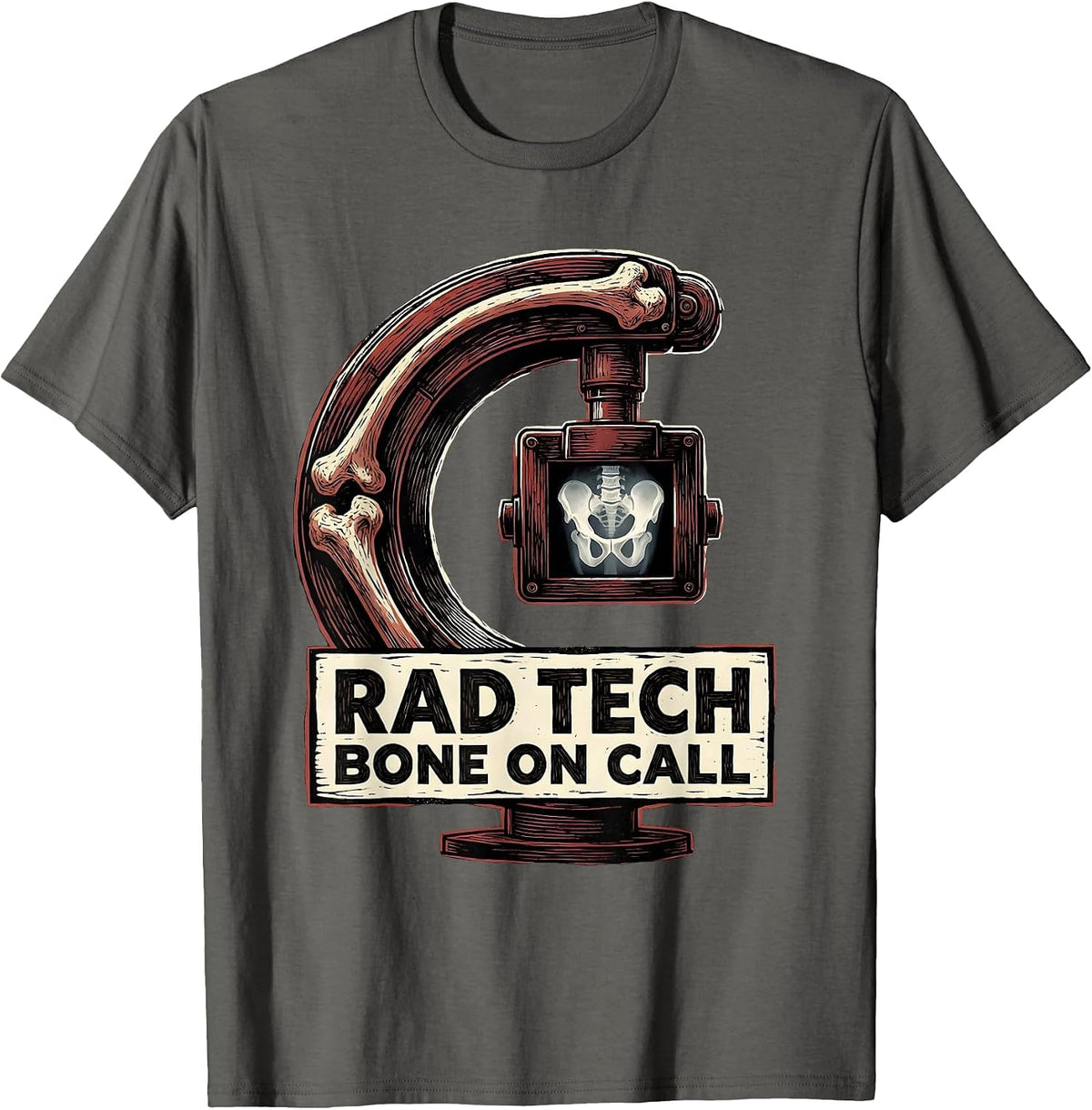 Men's Rad Tech Bone On Call Linocut Radiology Technician Humor T-Shirt - Asphalt Grey