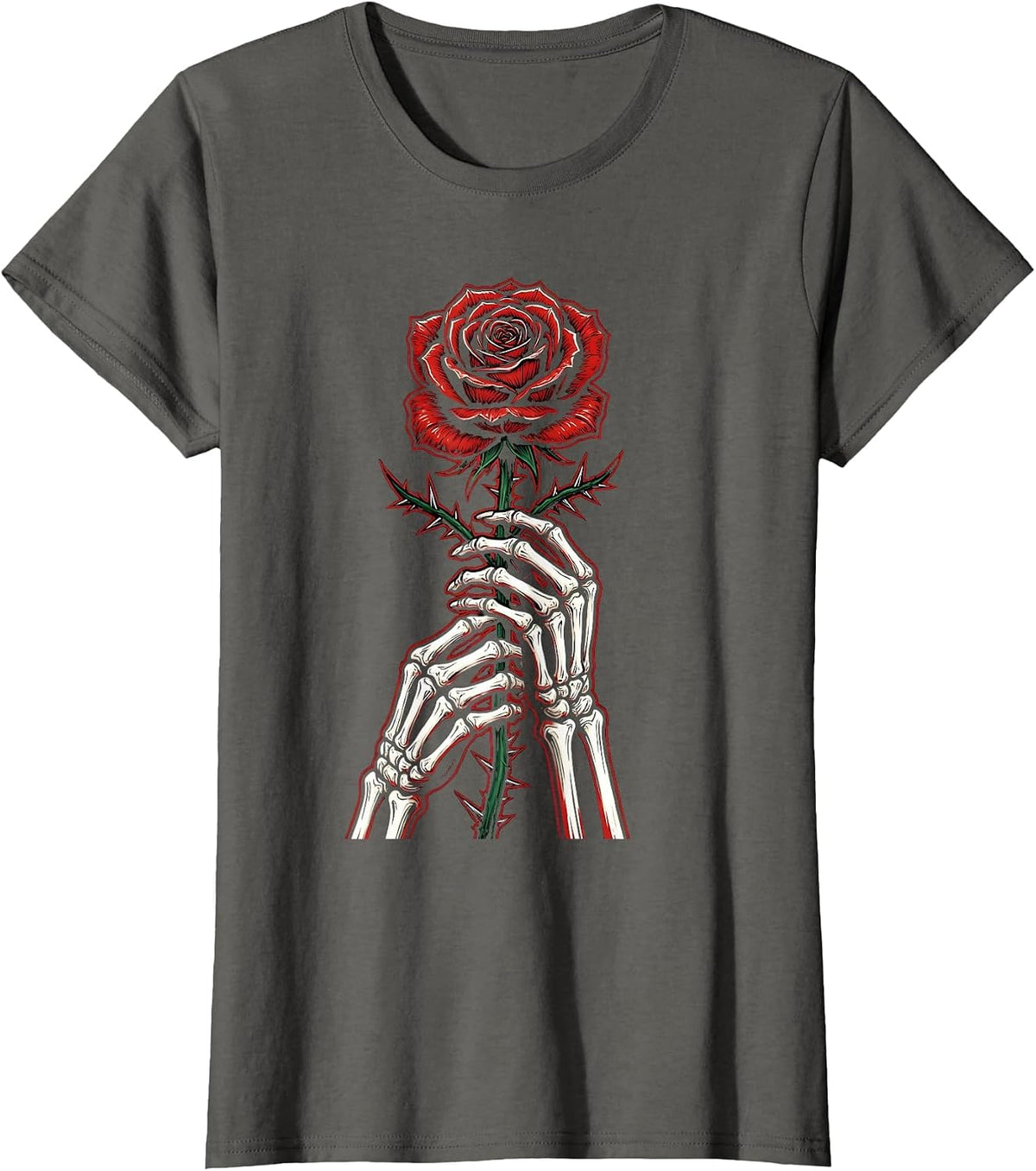 Women's Skeleton Hands Gripping Thorned Rose Long Sleeve T-Shirt - Asphalt Grey