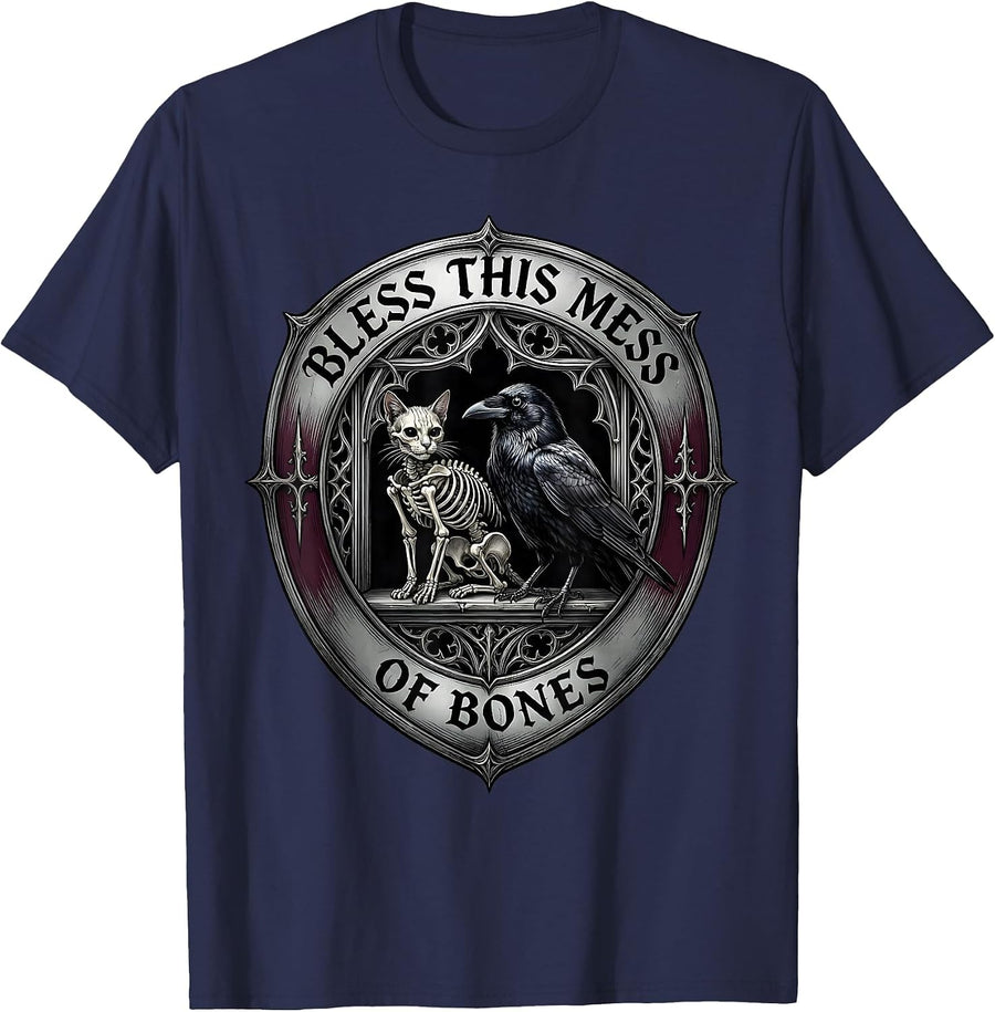 Bless This Mess Of Bones Gothic Horror Occult Cat Crow T-Shirt - Navy Blue