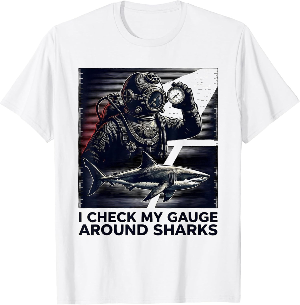 Men's I Check My Gauge Around Sharks Funny Scuba Diver Gift T-Shirt - White