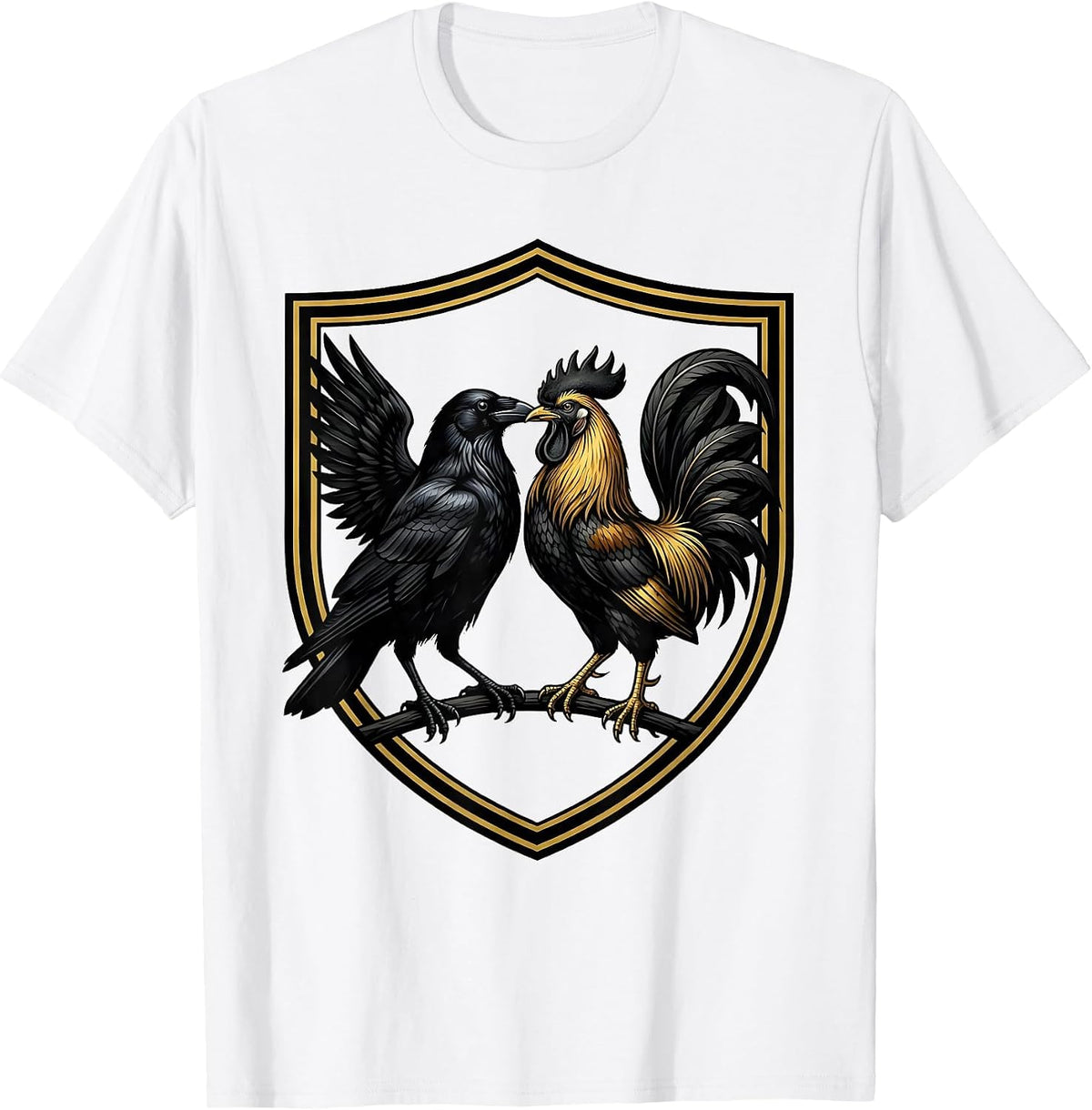 Men's Crow and Rooster Face Off Graphic Design T-Shirt - White