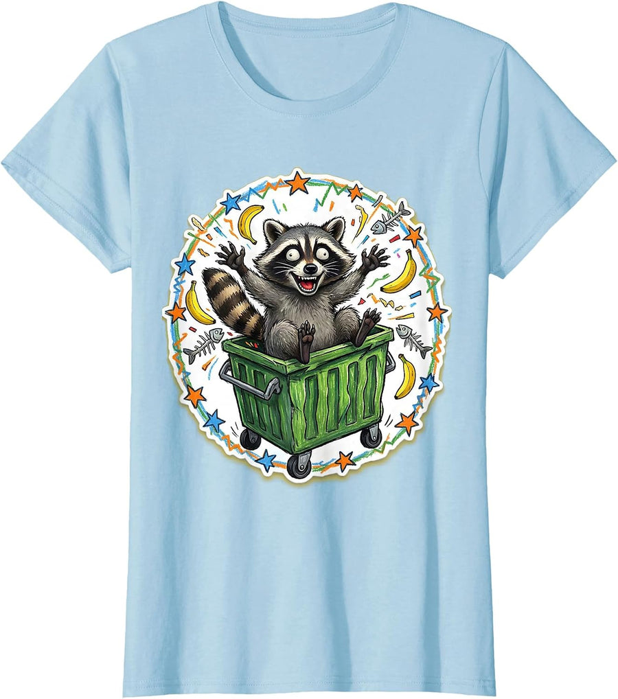Women's Raccoon Dumpster Dramatic Emergence Funny Wildlife T-Shirt - Baby Blue
