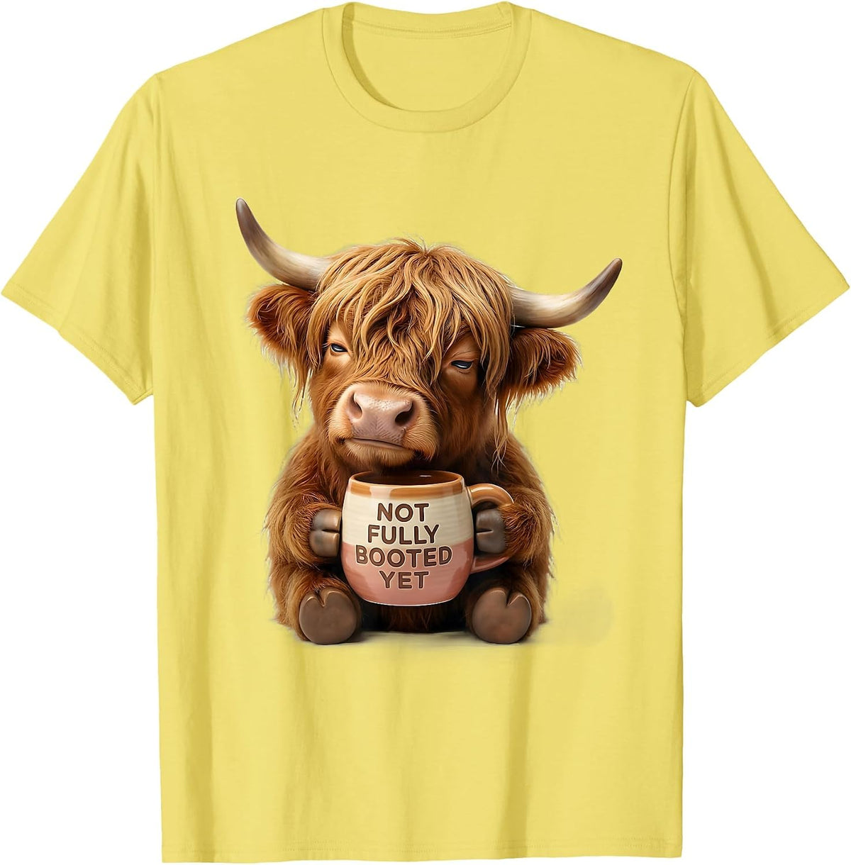 Men's Not Fully Booted Yet Cute Kawaii Highland Cow Coffee Lover T-Shirt - Lemon Yellow