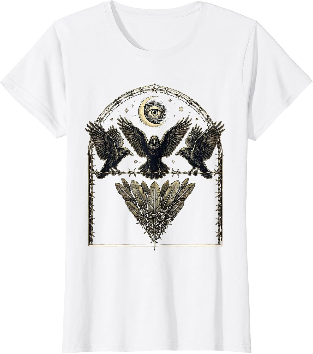 Crows on Barbed Wire Dark Horror Illustration T-Shirt - White