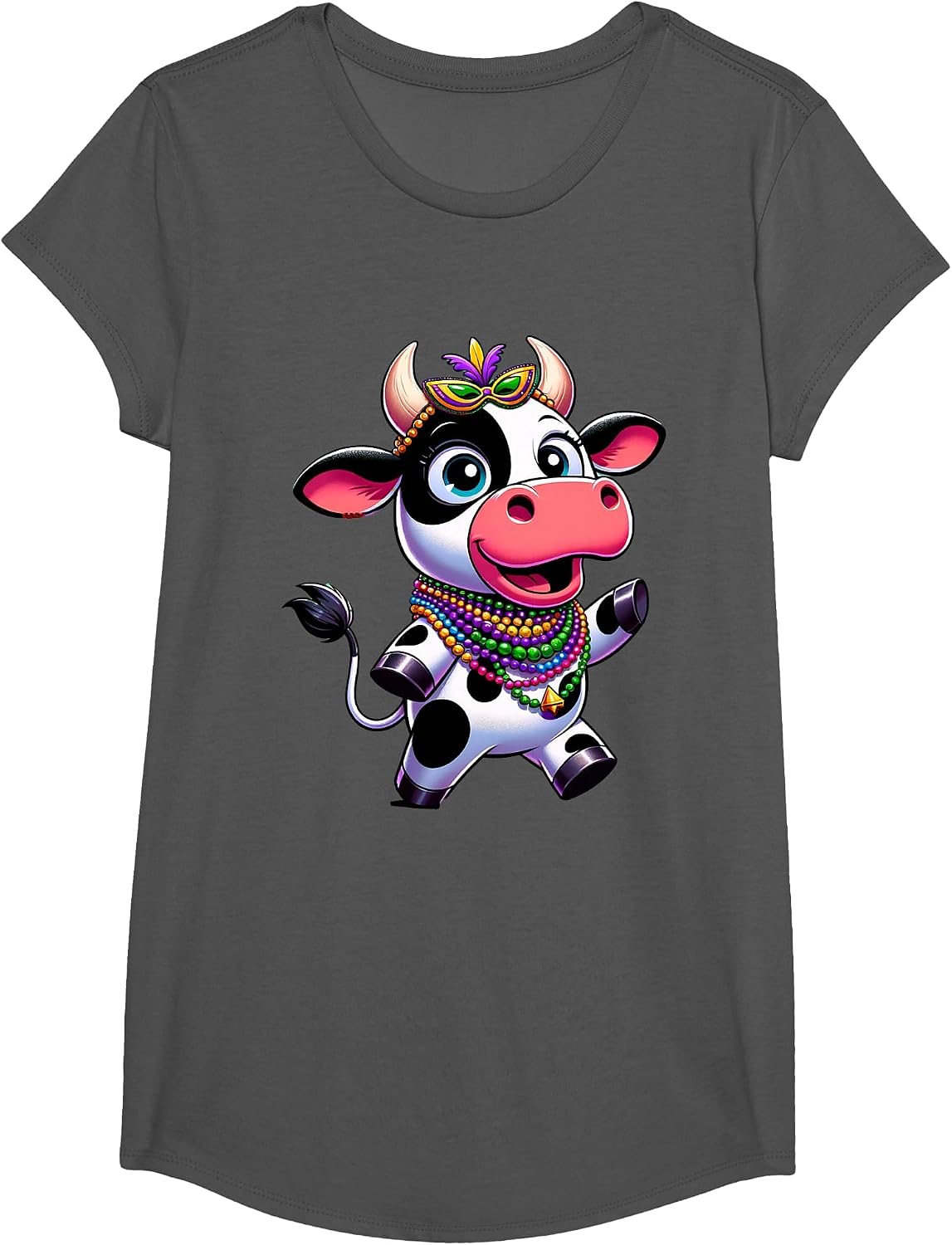 Mardi Gras Cow Wearing Mardi Gras Costume Beads T-Shirt - Girls Asphalt Grey