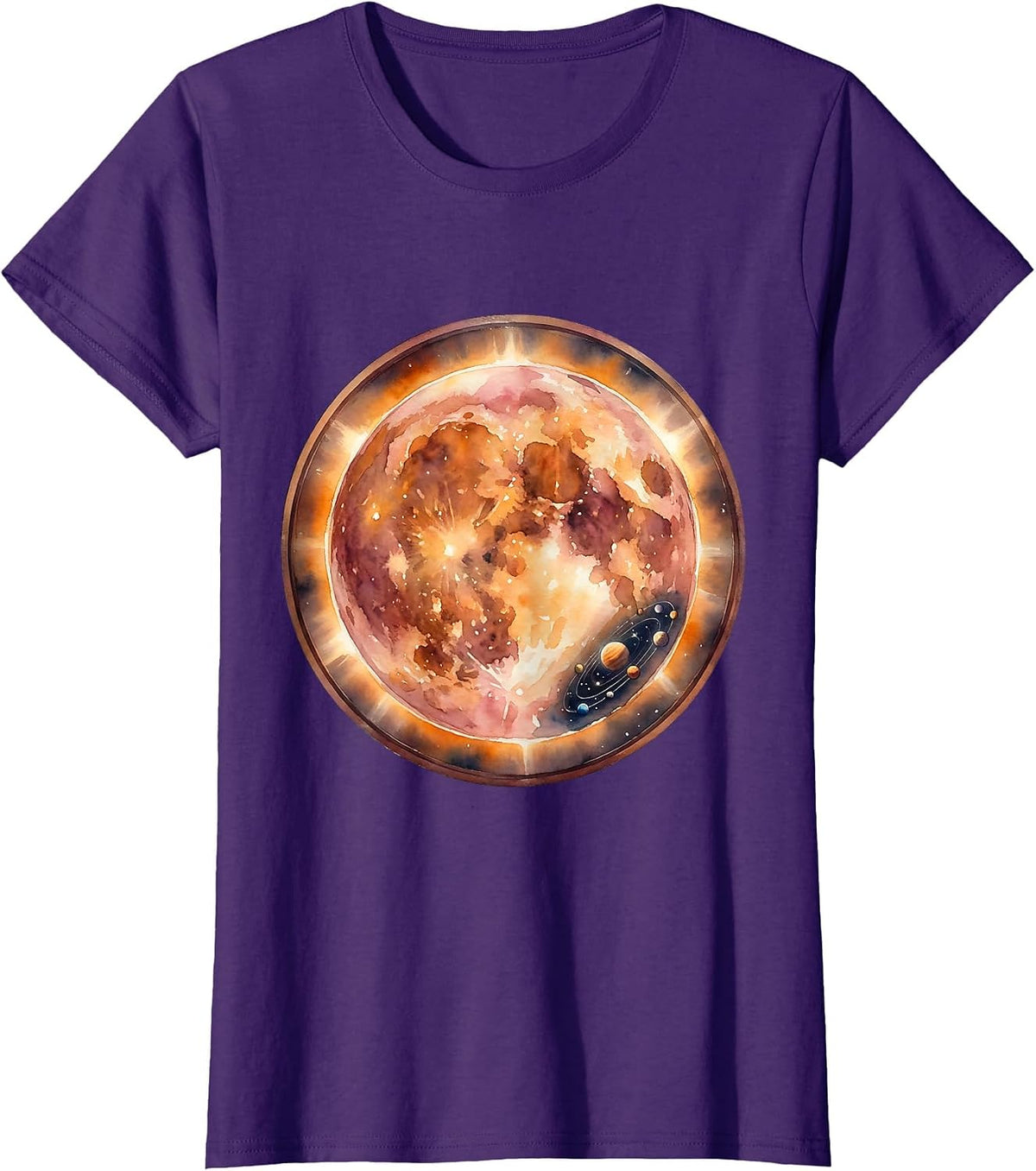 Women's Giant Star Dwarfing Tiny Solar System Illustration T-Shirt - Purple