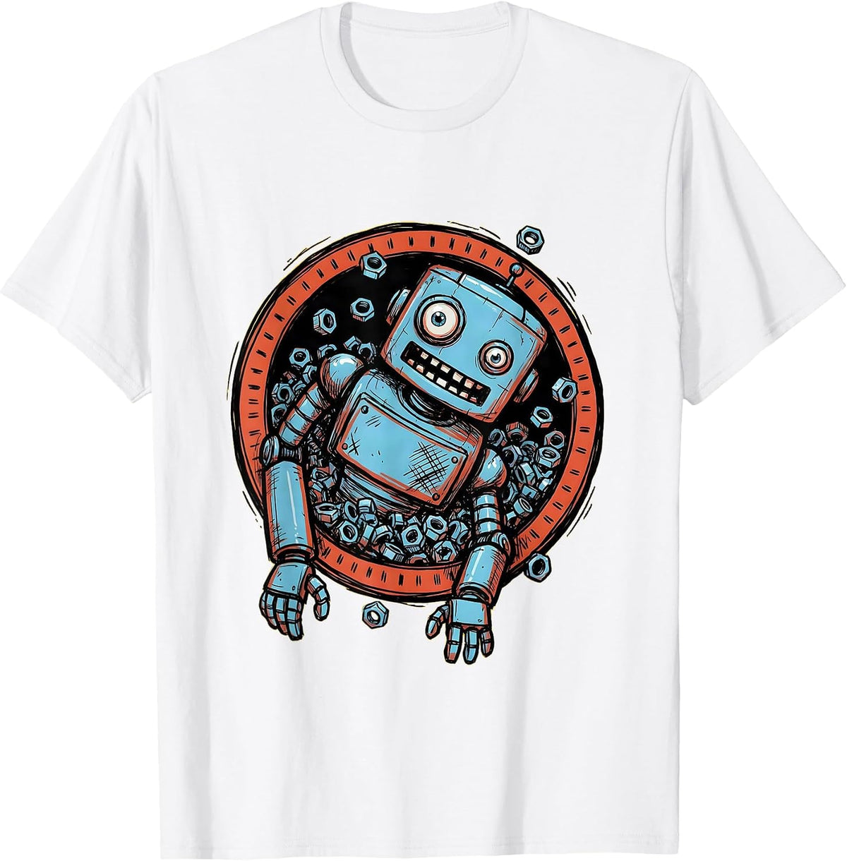 Men's Derpy Robot Spilling Bolts Funny Illustration T-Shirt - White