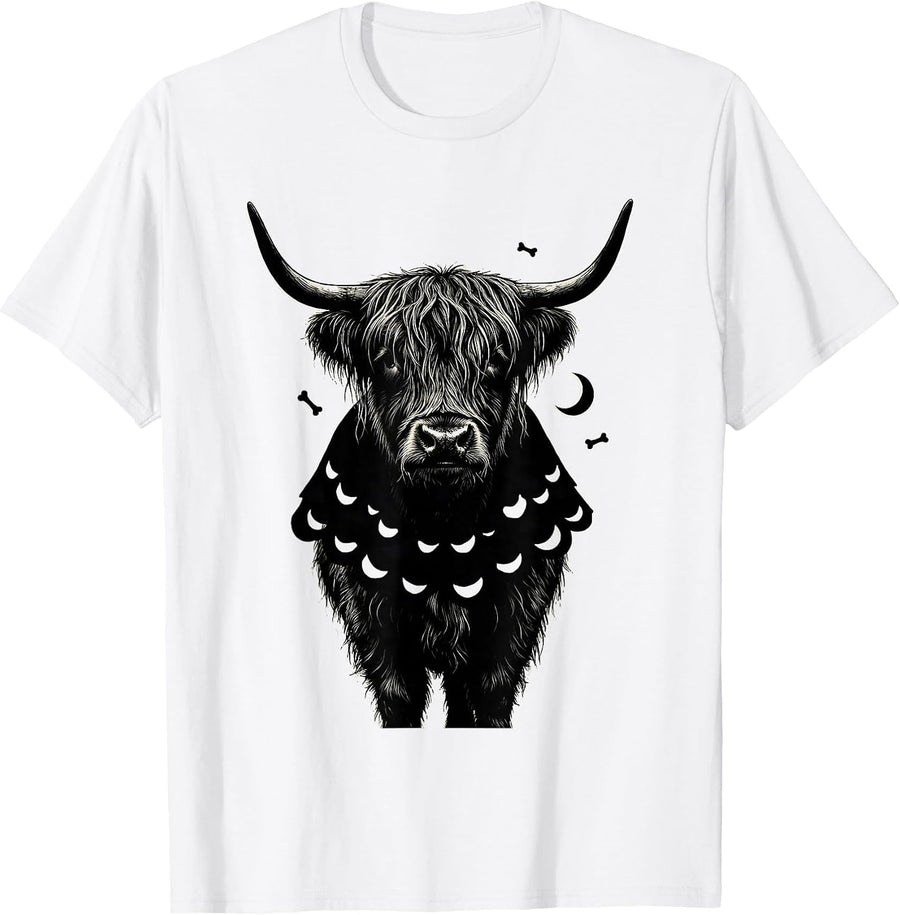 Men's Shaggy Highland Cow Skeleton Poncho Halloween Spooky T-Shirt - White