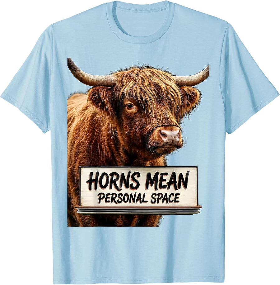 Men's Horns Mean Personal Space Funny Highland Cow Sassy Cute T-Shirt - Baby Blue
