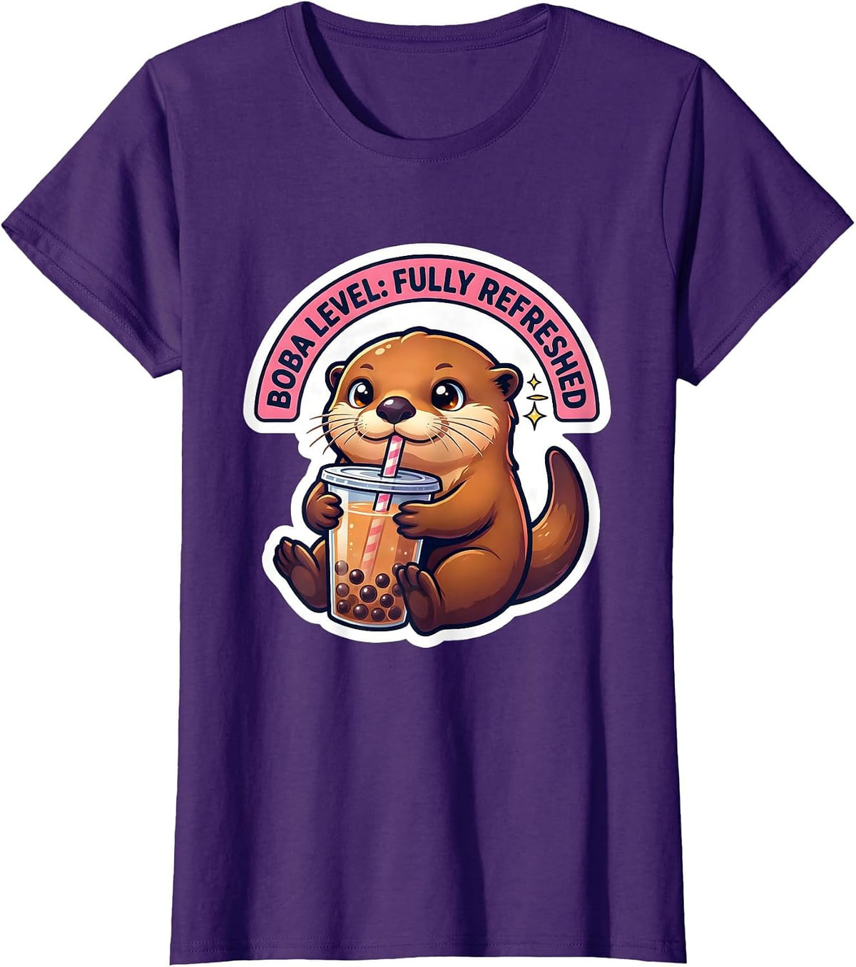 Women's Boba Level Fully Refreshed Kawaii Otter Boba Tea Lover T-Shirt - Purple