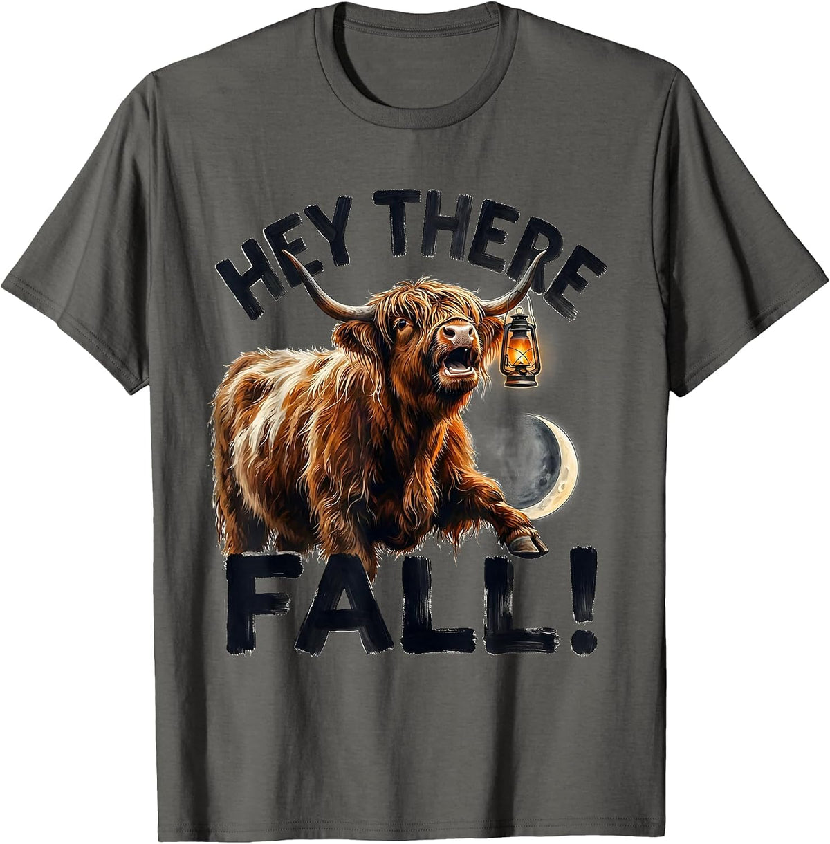 Hey There, Fall! Whimsical Highland Cow Fall Halloween Humor T-Shirt - Asphalt Grey