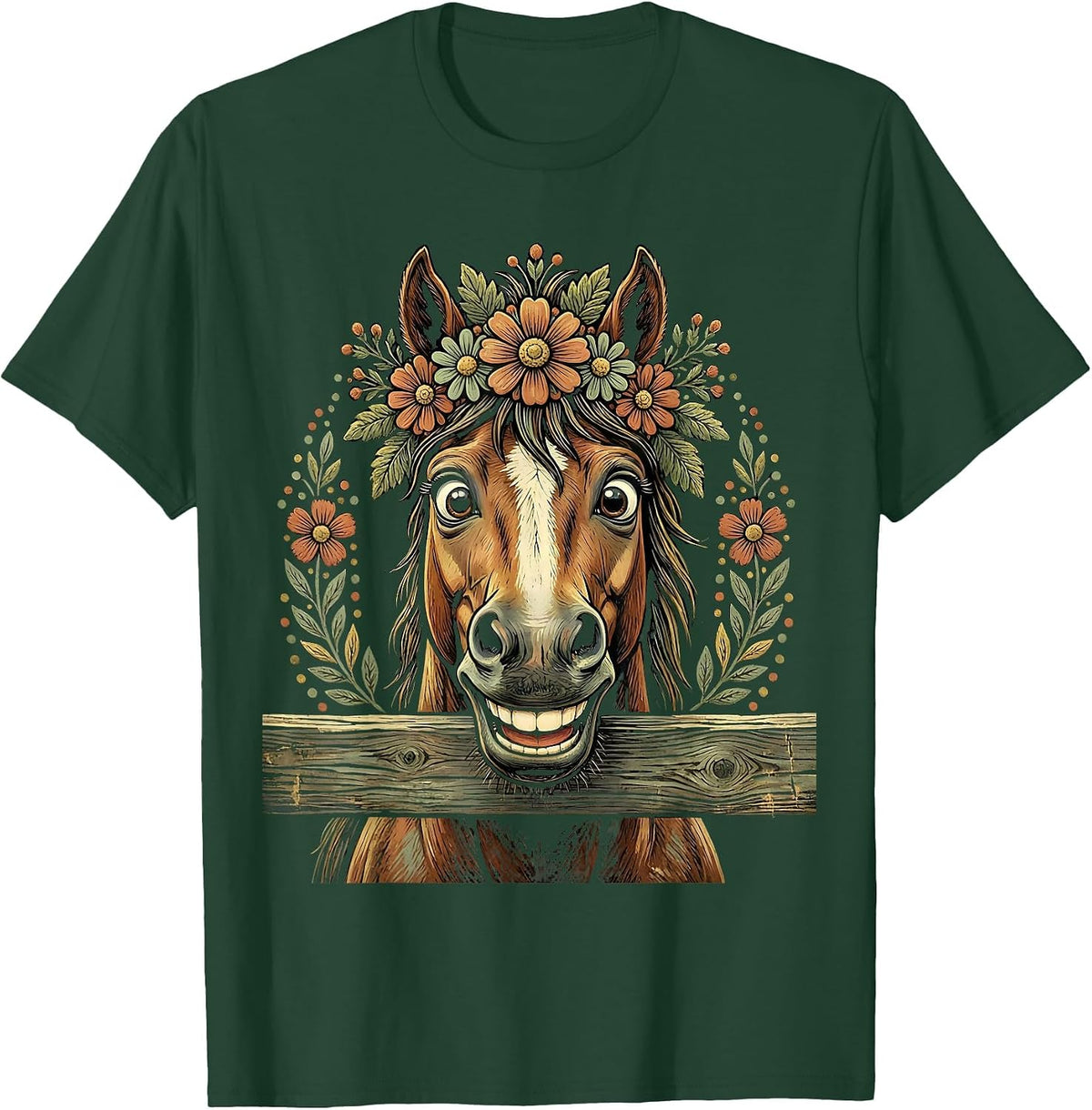 Smiling Horse Peeking Over Fence Cowgirl Design T-Shirt - Dark Green