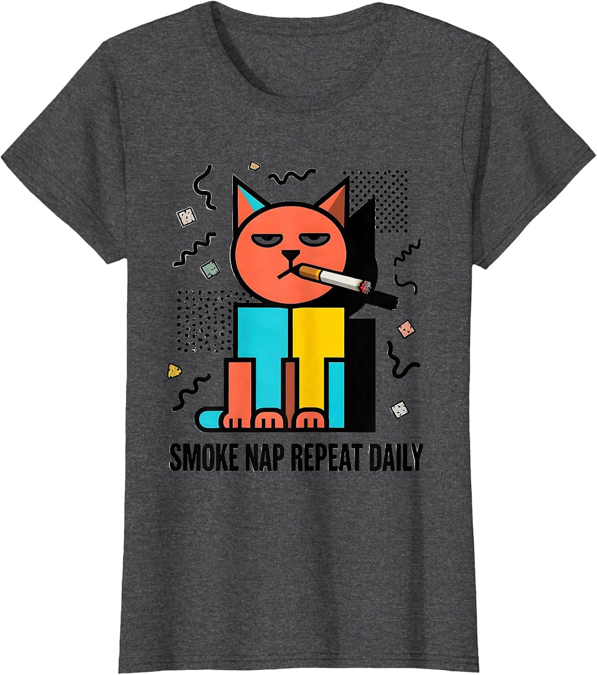 Women's Cat Smoking Cigarette Smoke Nap Repeat Daily T-Shirt - Dark Heather Grey