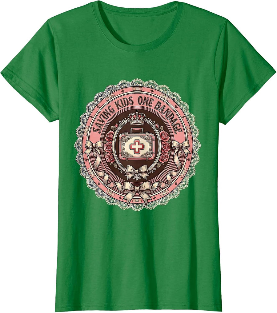 Women's Saving Kids One Bandage School Nurse Design T-Shirt - Kelly Green