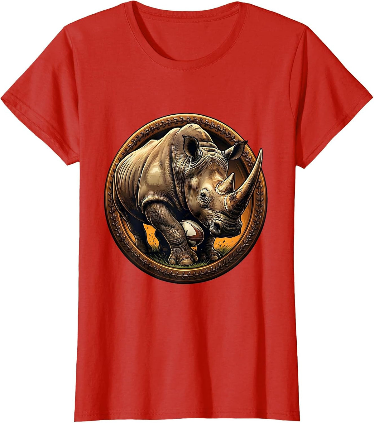Rampaging Rhino Rugby Ball Graphic T-Shirt - Red