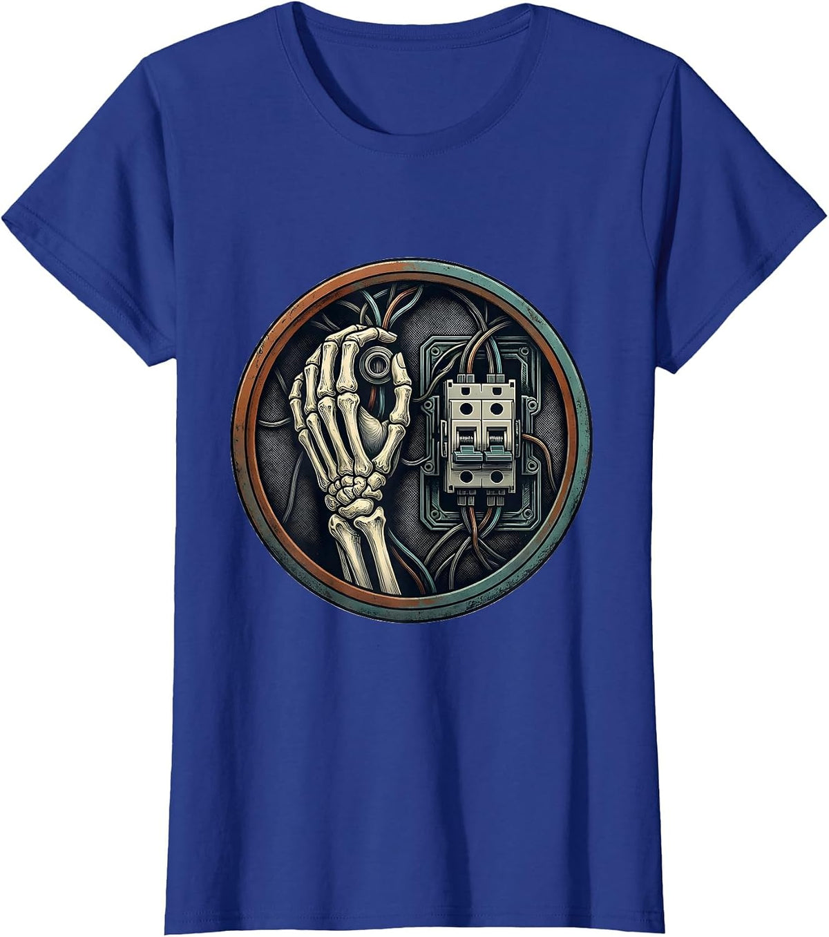 Women's Electrician Crest Skeleton Humor Electrician Gift T-Shirt - Royal Blue