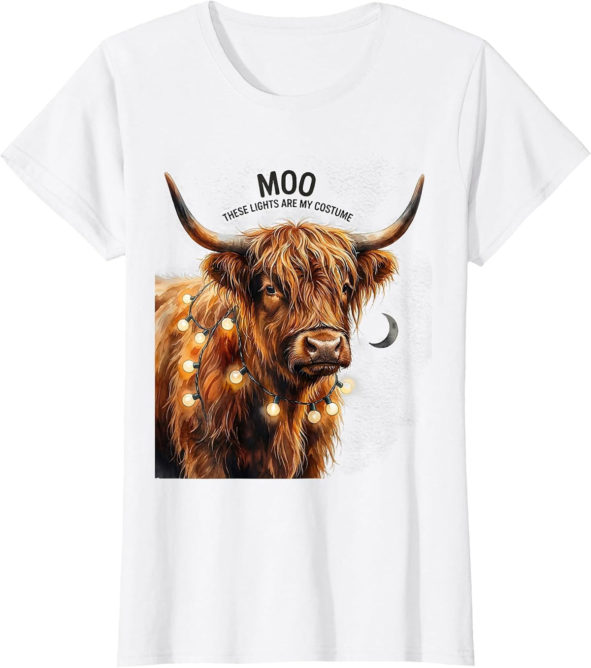 Moo These Lights Are My Costume Watercolor Highland Cow T-Shirt - White