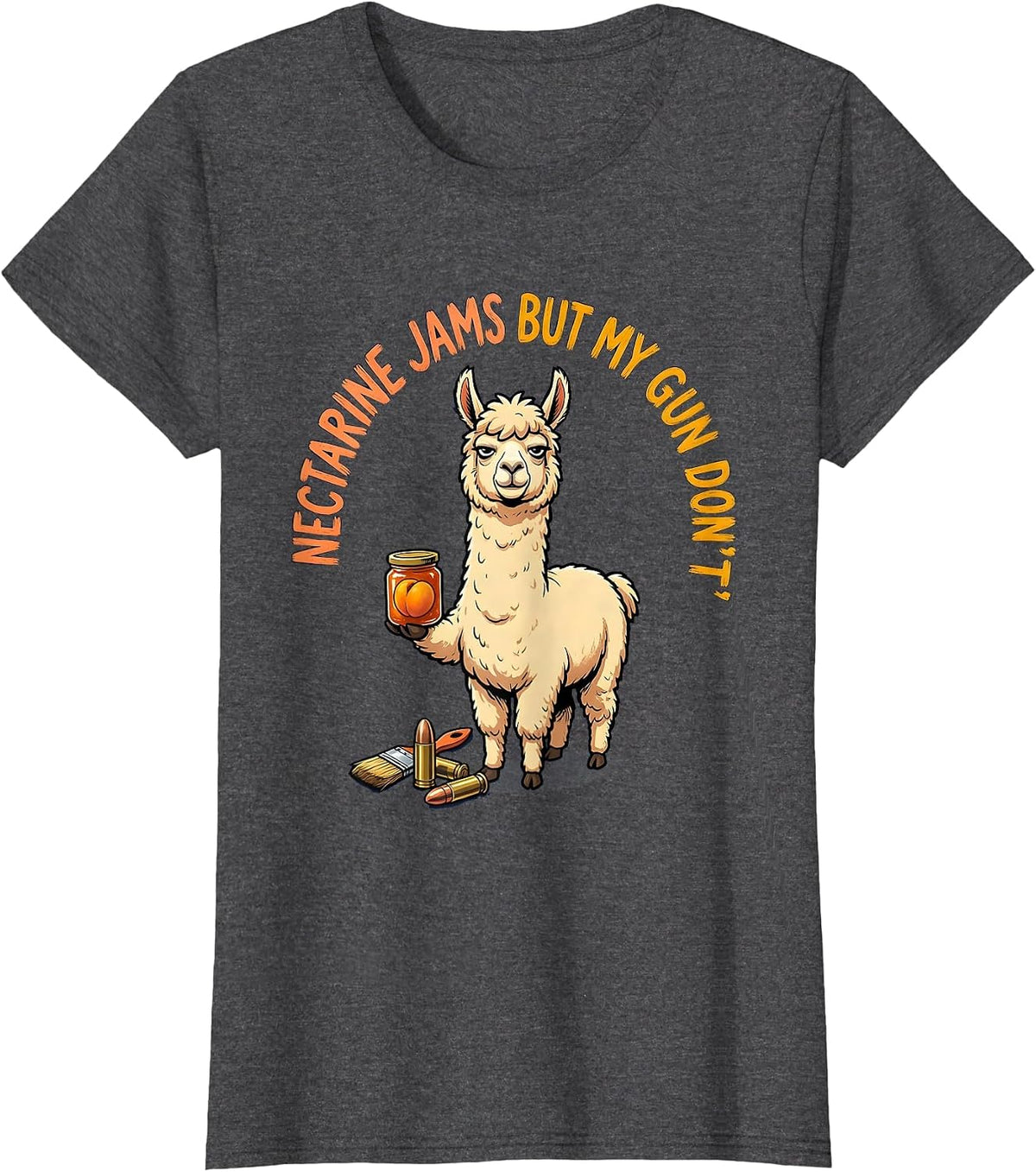 Women's Nectarine Jams But My Gun Don't Funny Llama Gun Lover T-Shirt - Dark Heather Grey