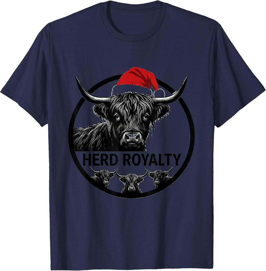 Herd Royalty Highland Cow Christmas Farm Humor Santa Hat T-Shirt - Navy Blue