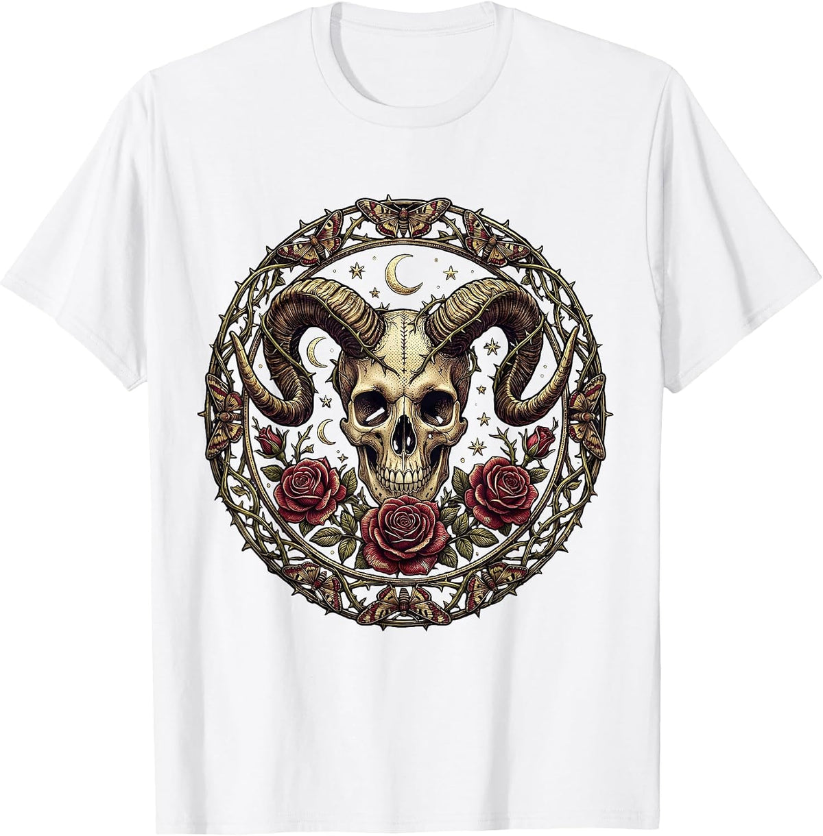 Men's Skull Ram Horns and Roses Gothic Dark Art Design T-Shirt - White