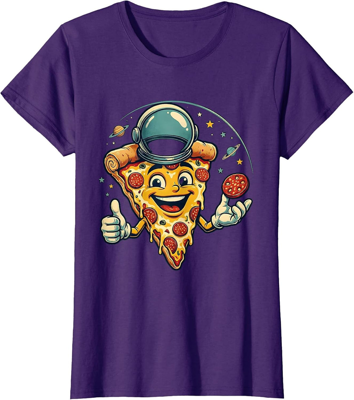 Women's Astronaut Floating With Pizza in Outer Space T-Shirt - Purple